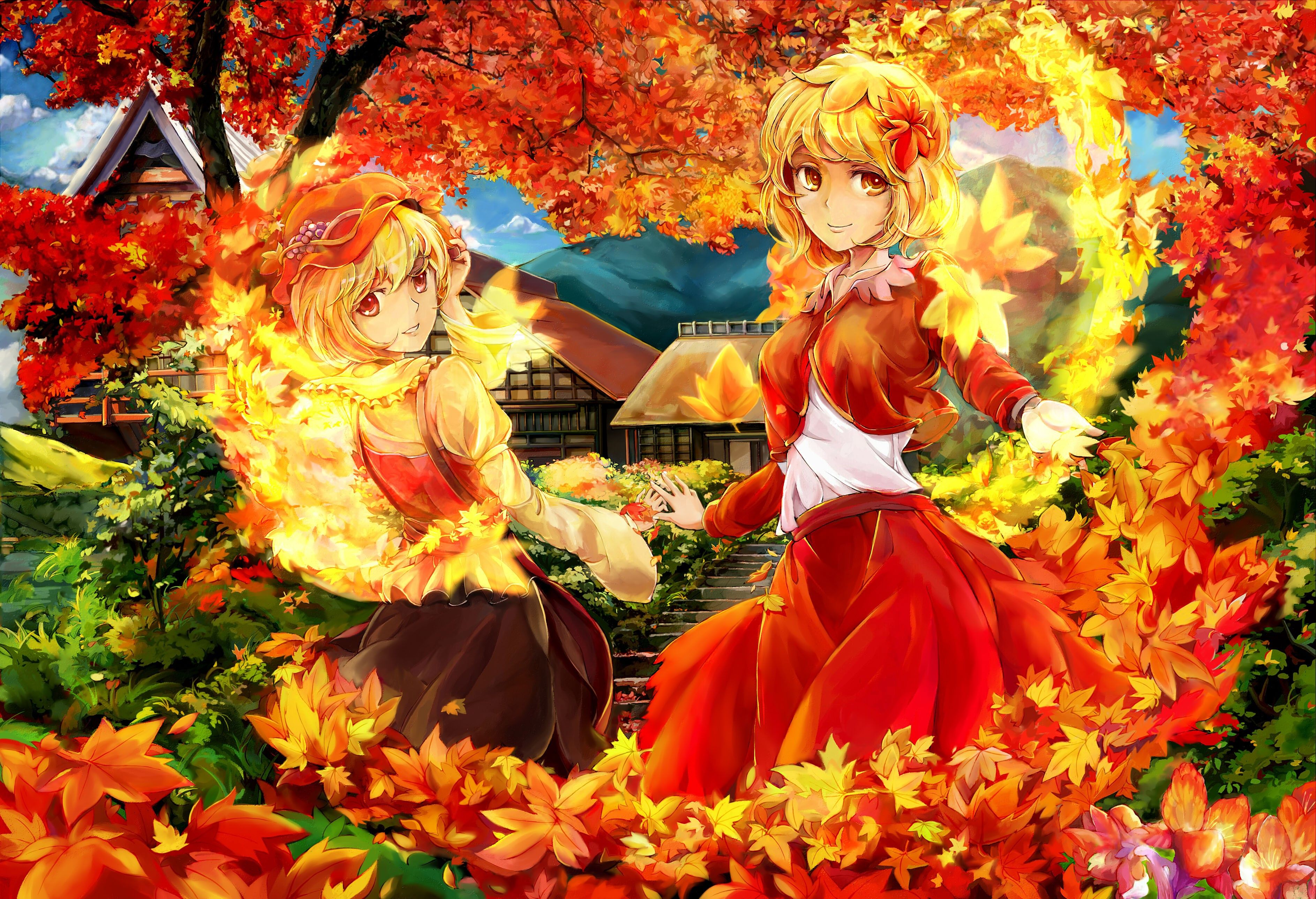 blondes, Video, Games, Mountains, Touhou, Trees, Autumn, Dress, Fruits, Leaves, Houses, Skirts, Buildings, Stairways, Goddess, Grapes, Red, Eyes, Short, Hair, Mountain, Of, Faith, Red, Dress, Sisters, Aprons, Or Wallpaper HD / Desktop