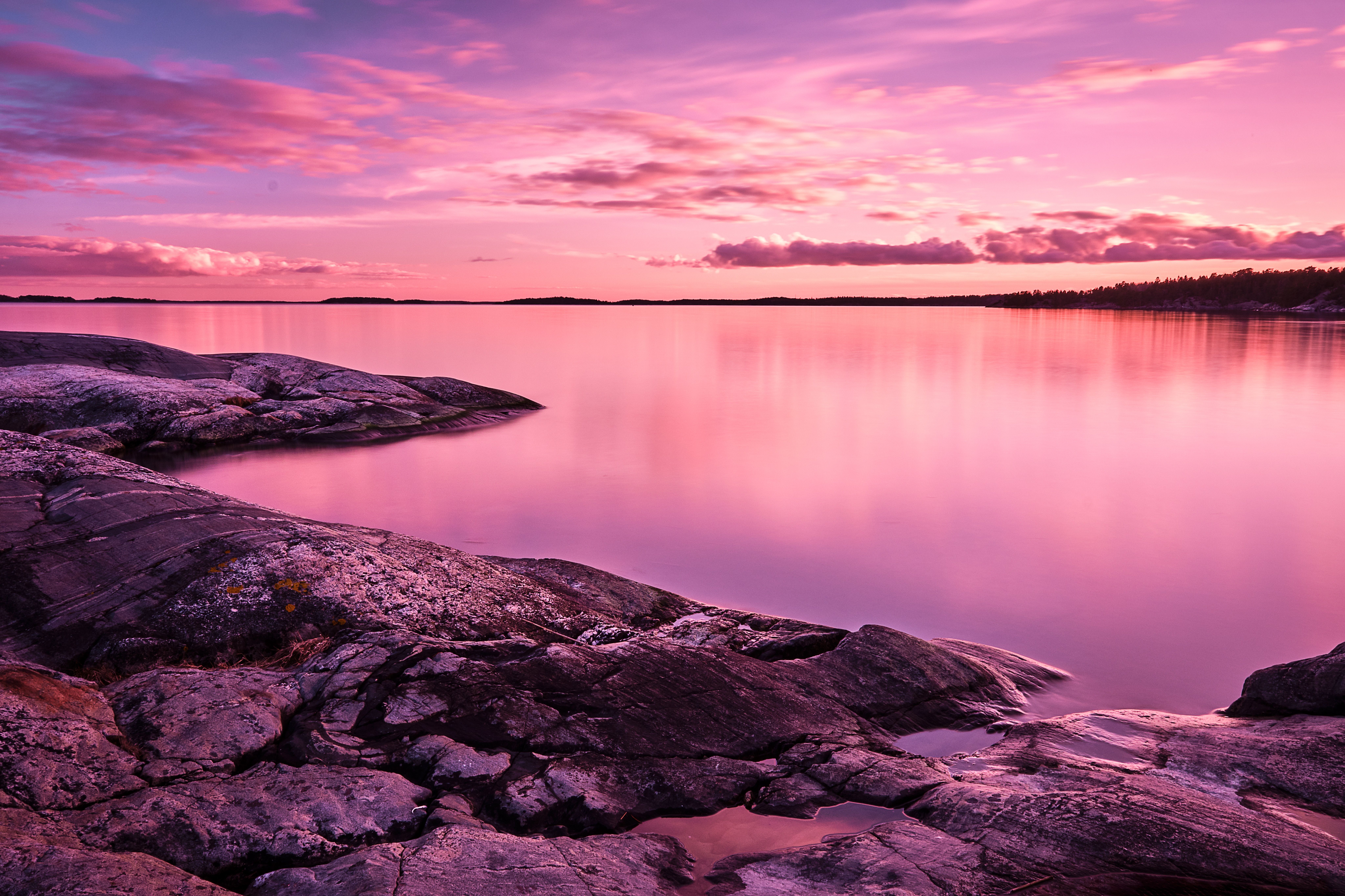 Sunset Wallpaper 4K, Scenery, Lake, Rocks, Pink sky, 8K, Nature