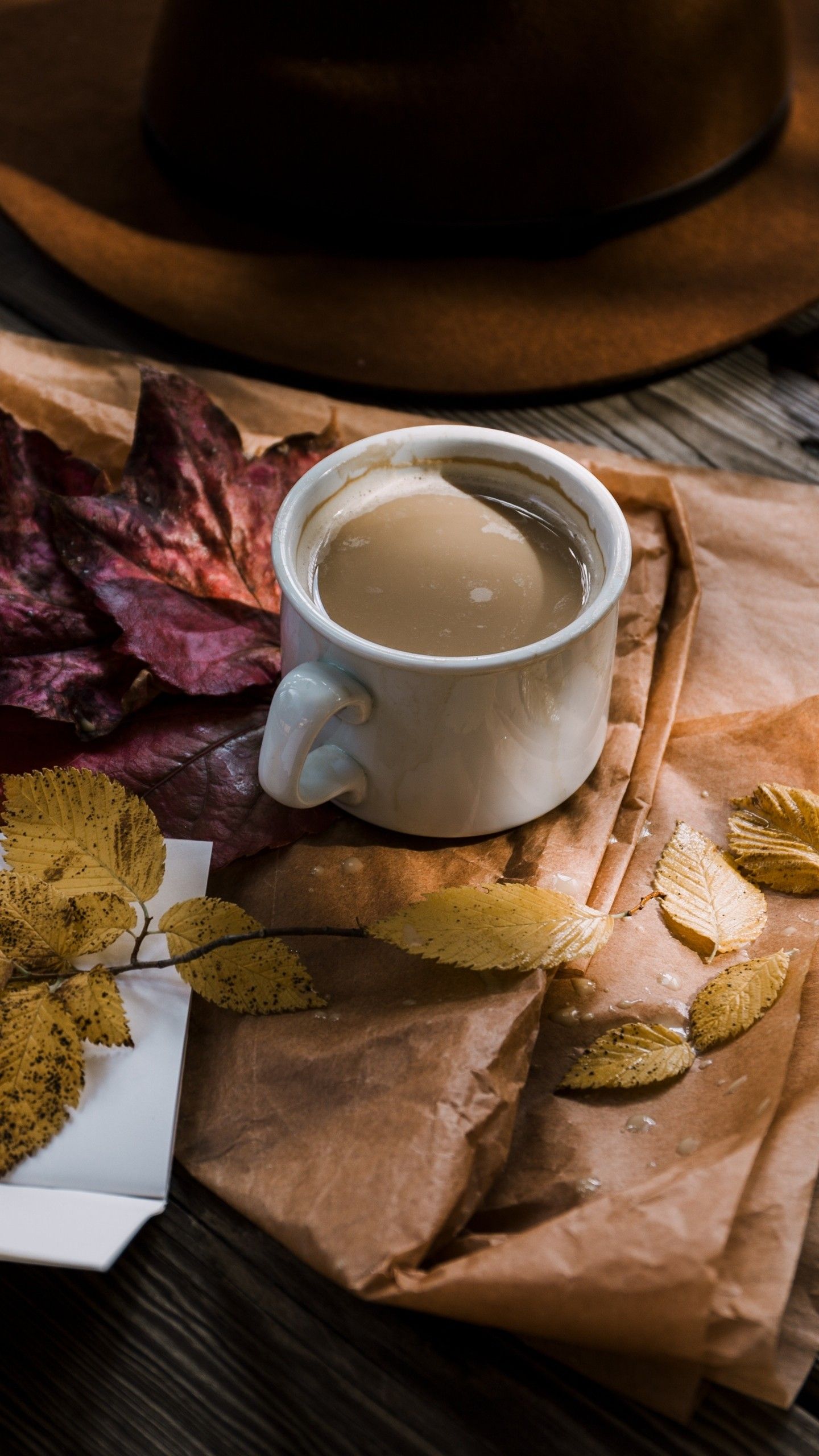 Coffee Autumn Hat Foliage Wallpaper - [1440x2560]