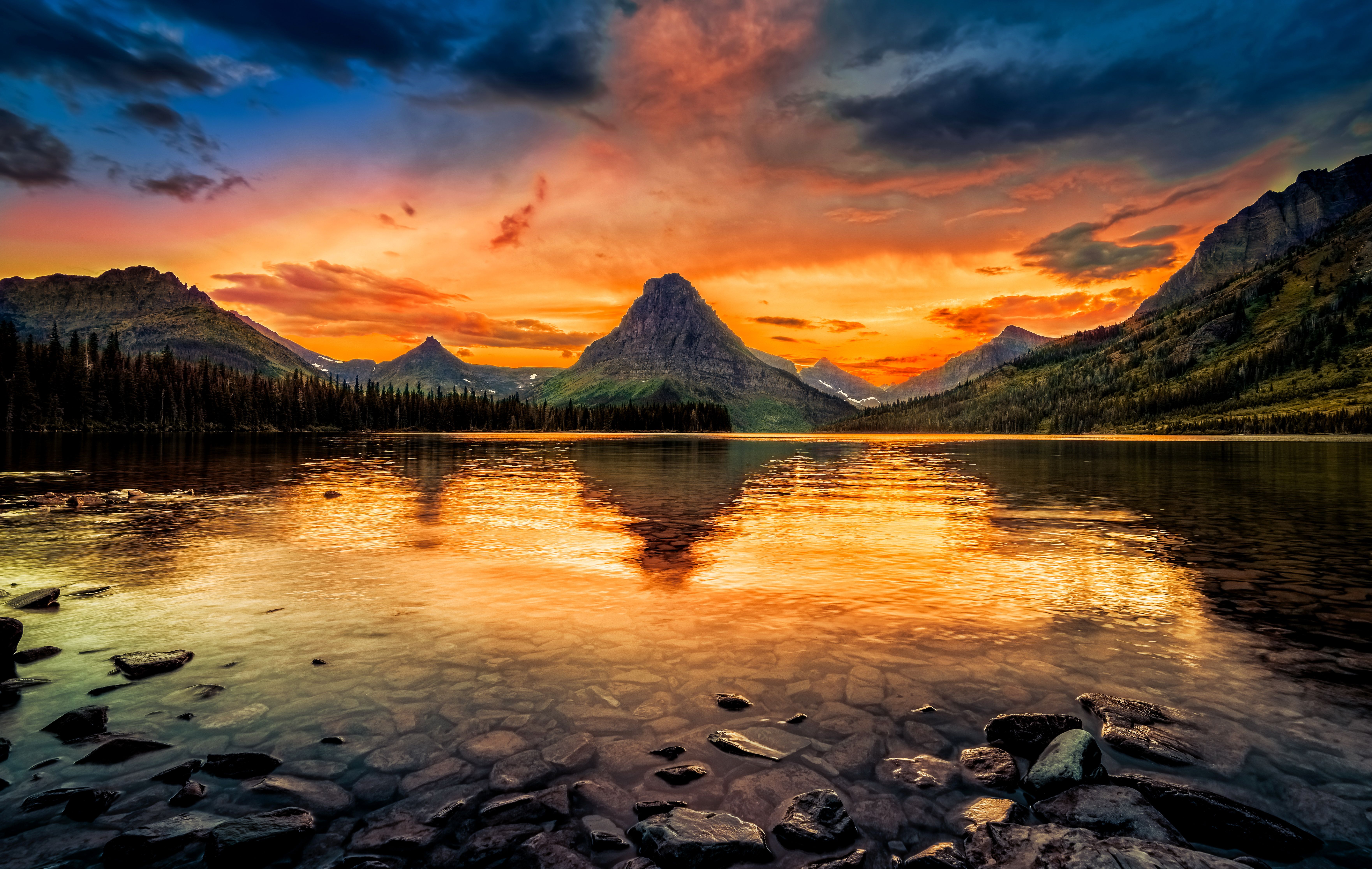 USA Lake Glacier National Park Forest Mountain Stone Sky Sunset Nature Reflection Landscape Wallpaper:7045x4460