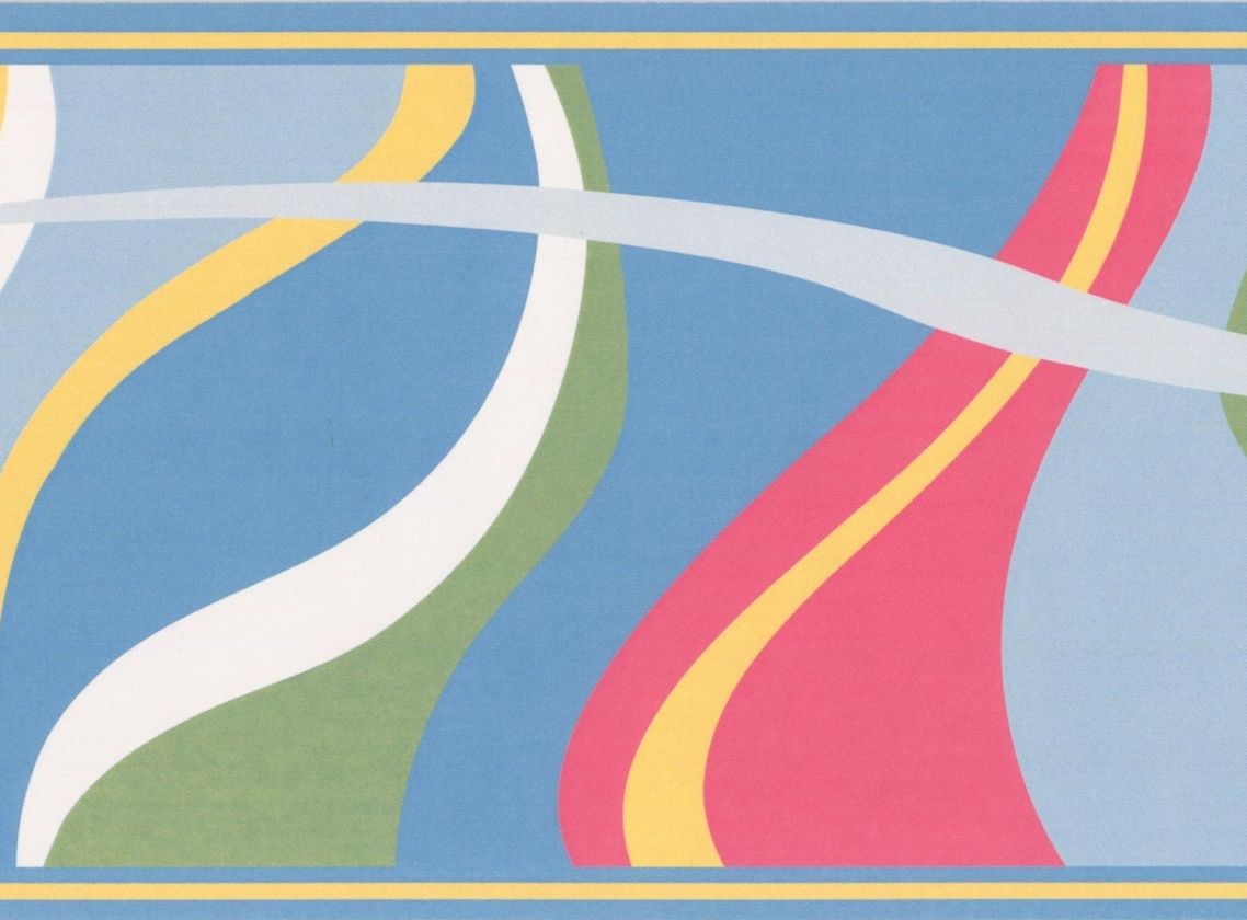 Abstract Waves Red White Yellow Green all Shades of Blue Wallpaper Border Modern Design, Roll 15' x 6