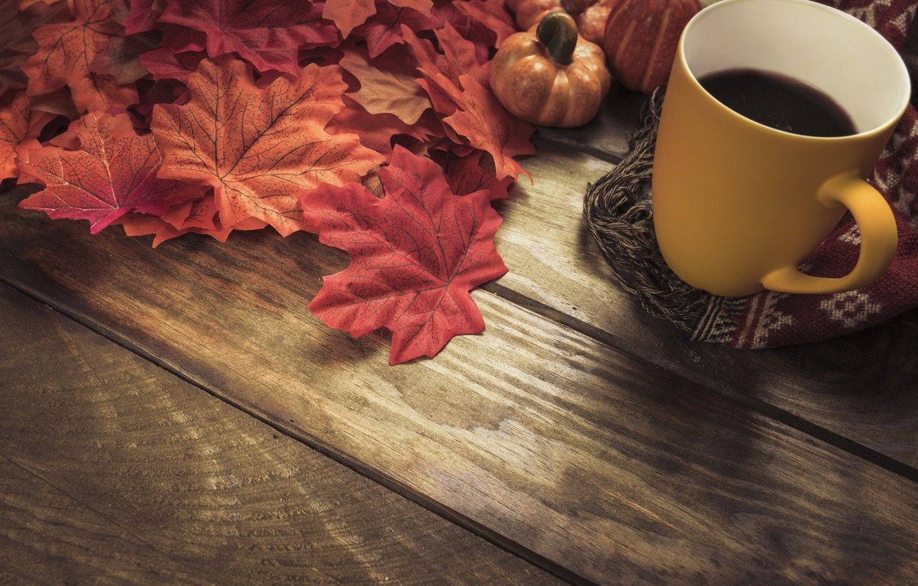 Wallpaper autumn, leaves, background, tree, coffee, colorful, scarf, Cup, Board, wood, background, autumn, leaves, cup, coffee, autumn image for desktop, section настроения