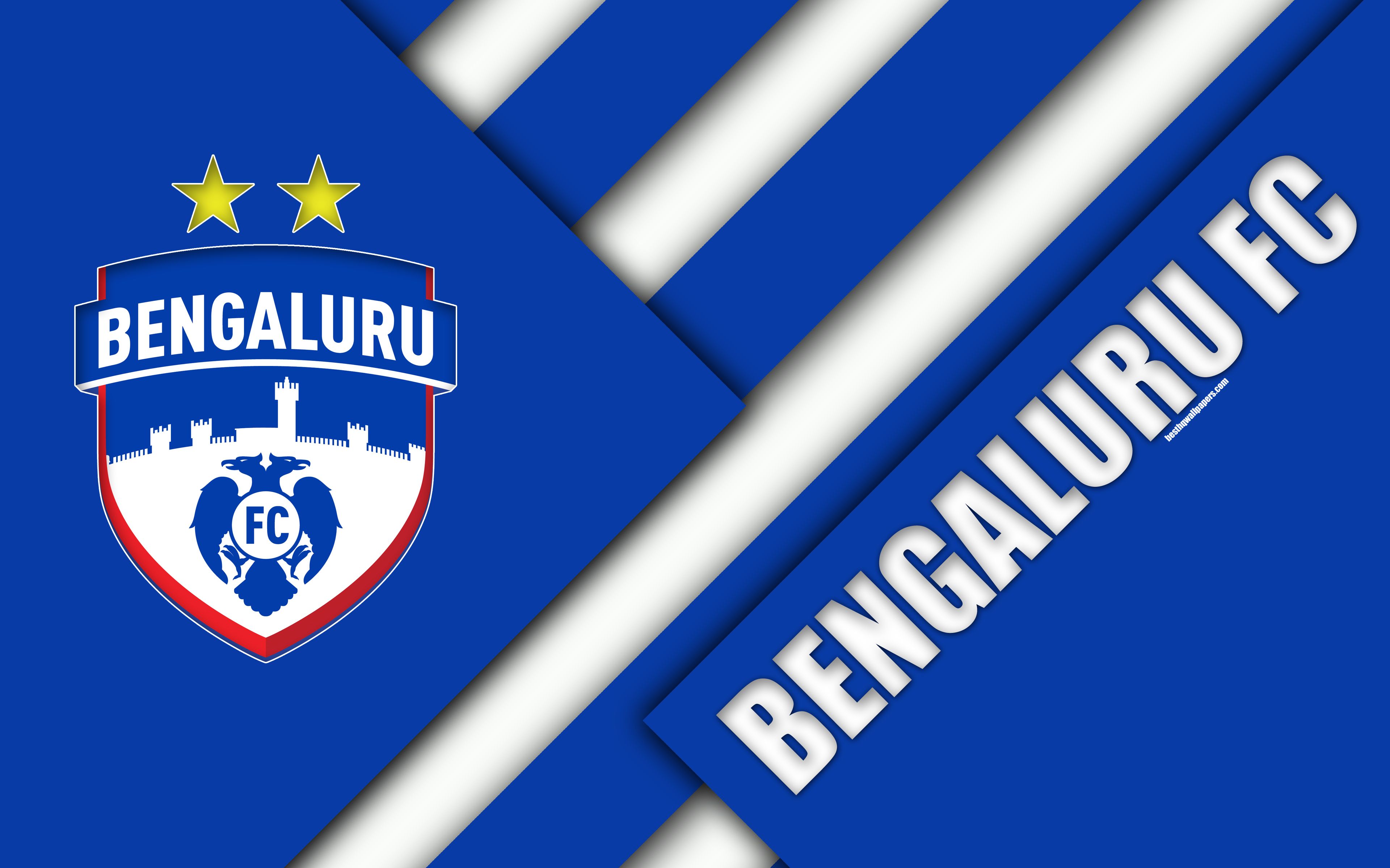 Download wallpaper Bengaluru FC, 4k, logo, material design, white blue abstraction, indian football club, emblem, ISL, Indian Super League, Bangalore, India, football for desktop with resolution 3840x2400. High Quality HD picture wallpaper