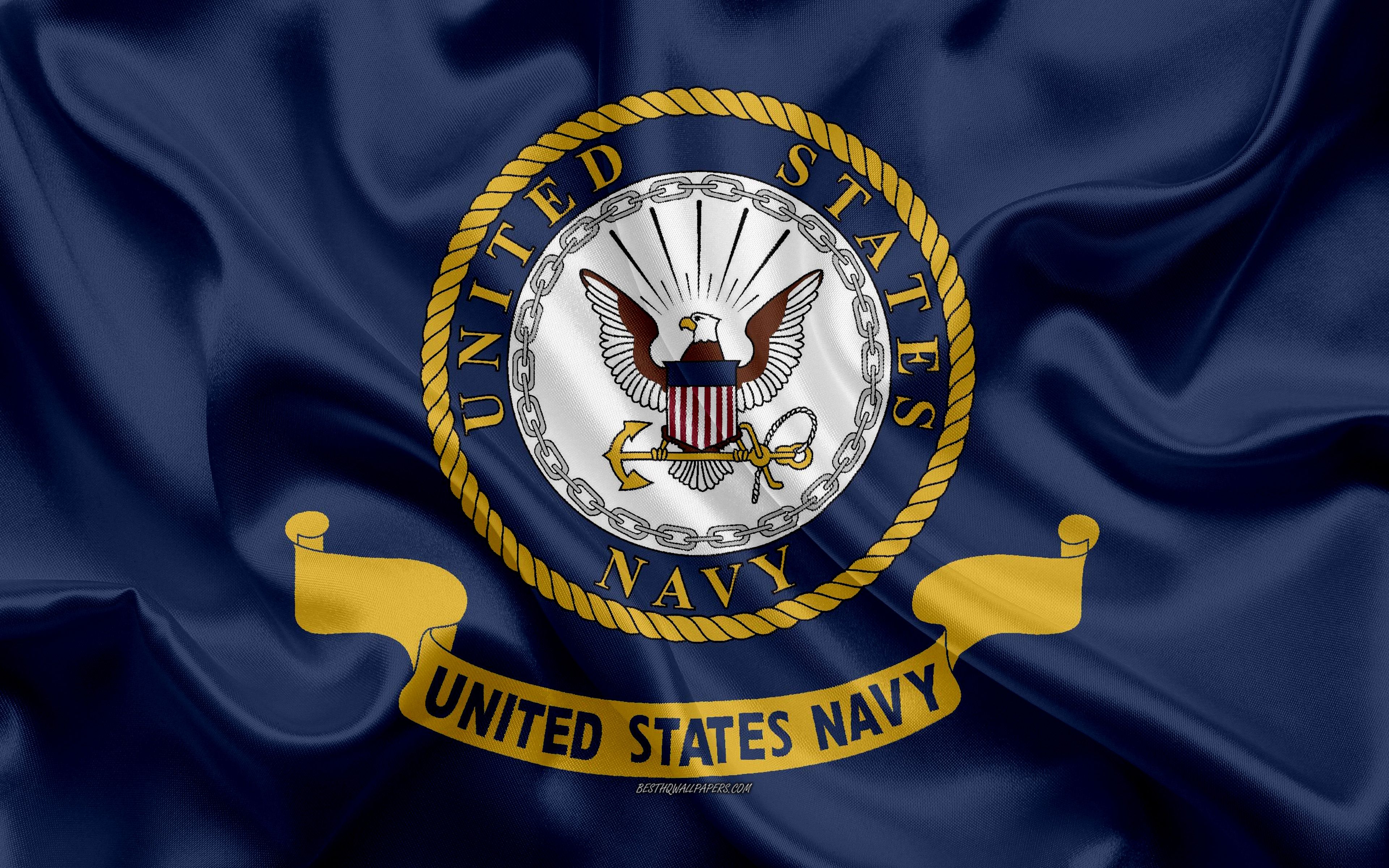 Download wallpaper Flag of the United States Navy, silk blue flag, coat of arms, US Navy flag, USA, symbols, silk texture, US Navy for desktop with resolution 3840x2400. High Quality HD picture