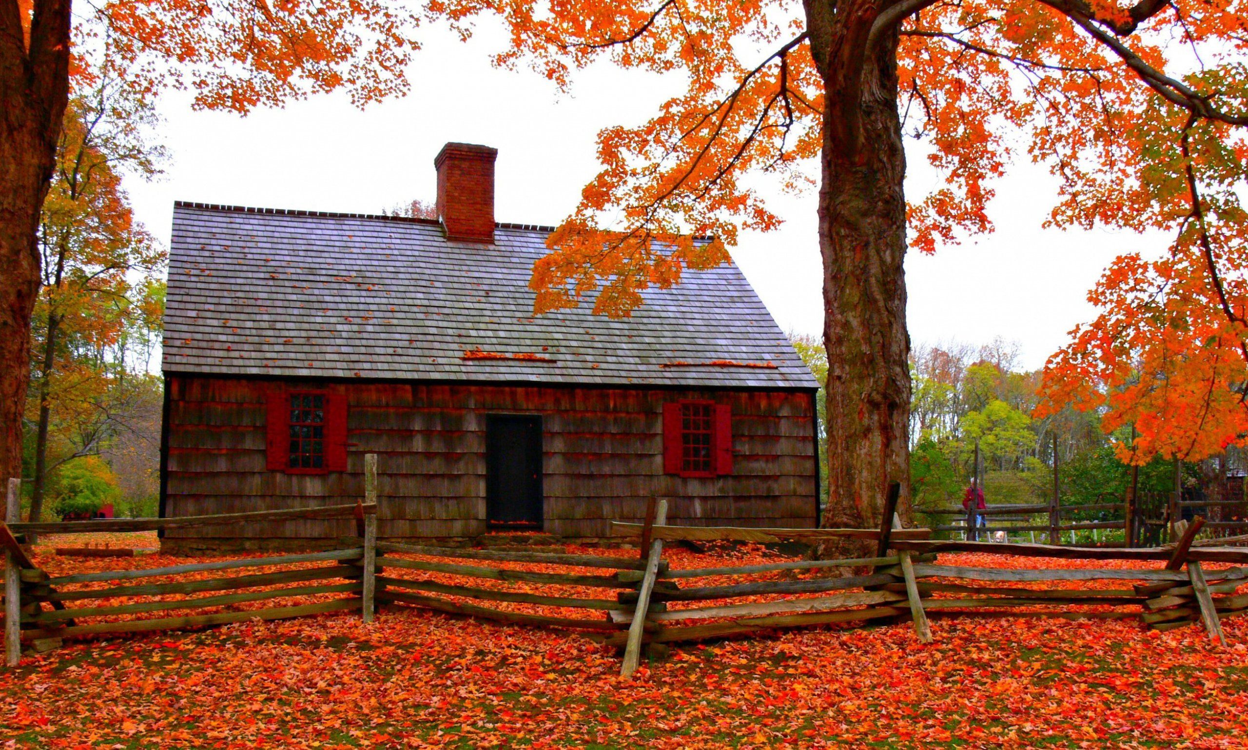 Cottage Fall Fence House Tree Wallpaper:2560x1540