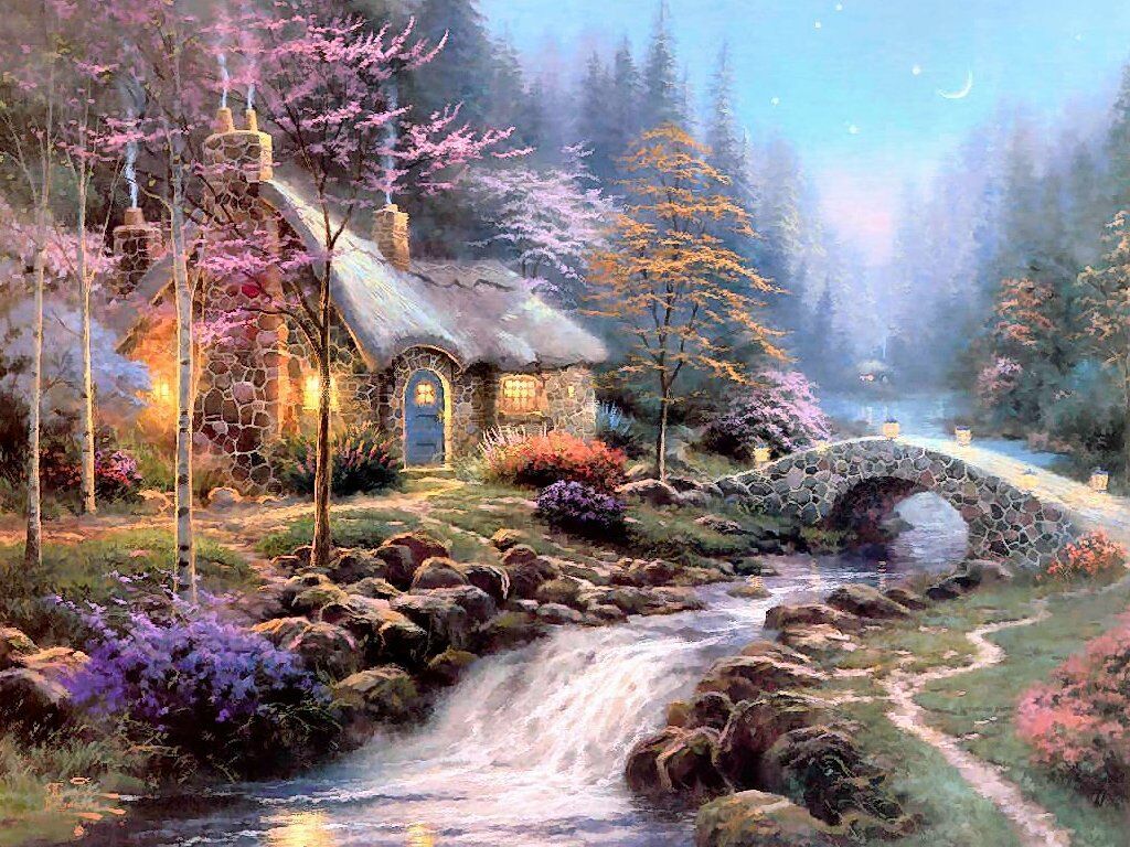 Free download Twilight Cottage Thomas Kincade Paintings Wallpaper Image [1024x768] for your Desktop, Mobile & Tablet. Explore Fall Cottage Desktop Wallpaper. Country Cottage Wallpaper, Computer English Country Cottage Wallpaper