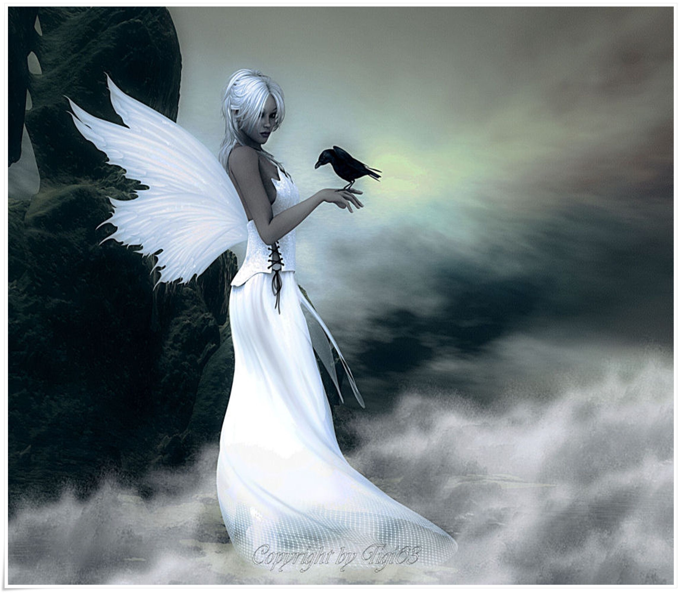 beautiful white fairies. White Fairy, beautiful, bird, Fairy, Fantasy, gown, mist, rocks, white. Angel wallpaper, Angel image, Angel art