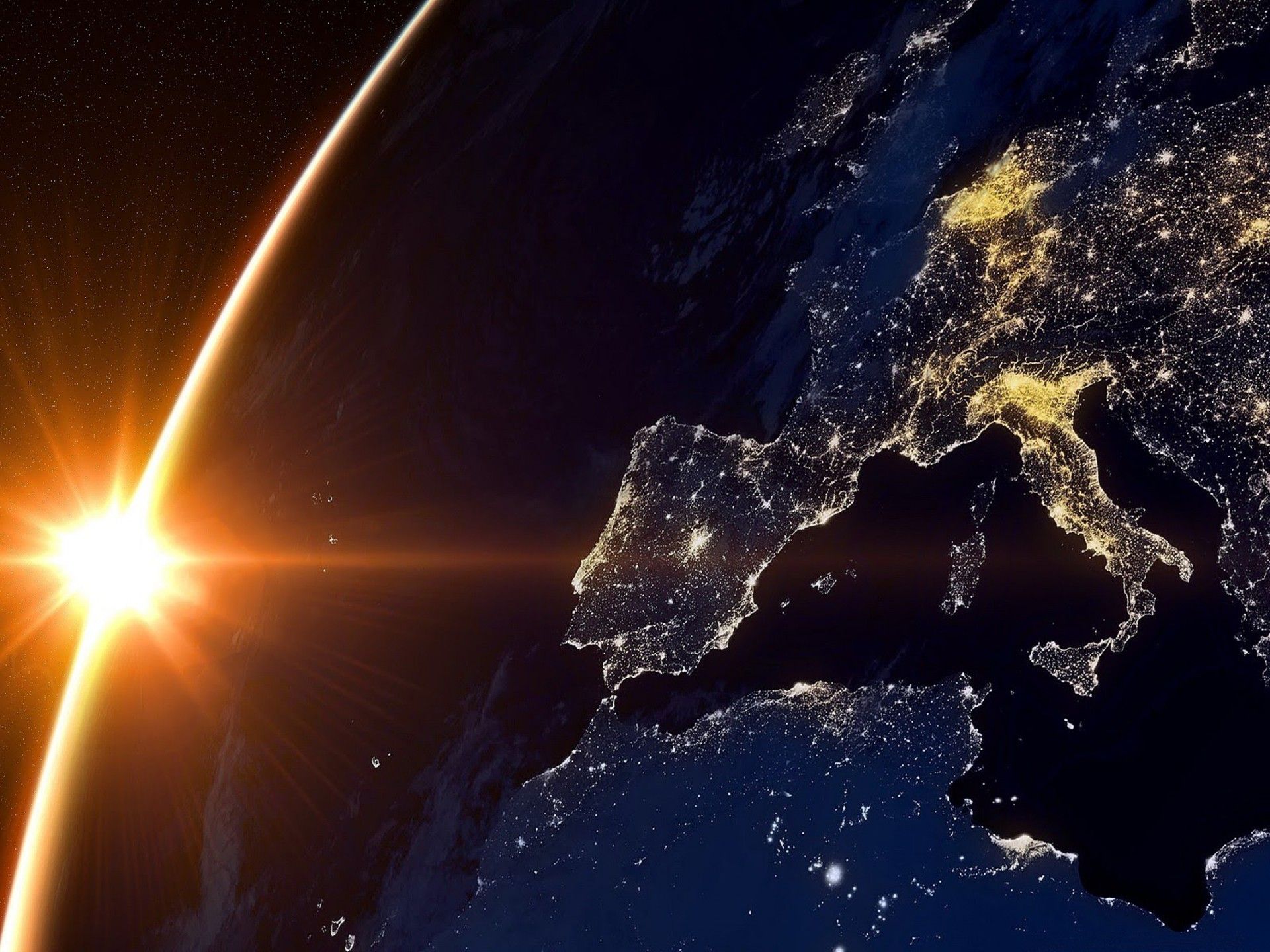 Sun And Earth From Space Europe Night HD Wallpaper, Wallpaper13.com
