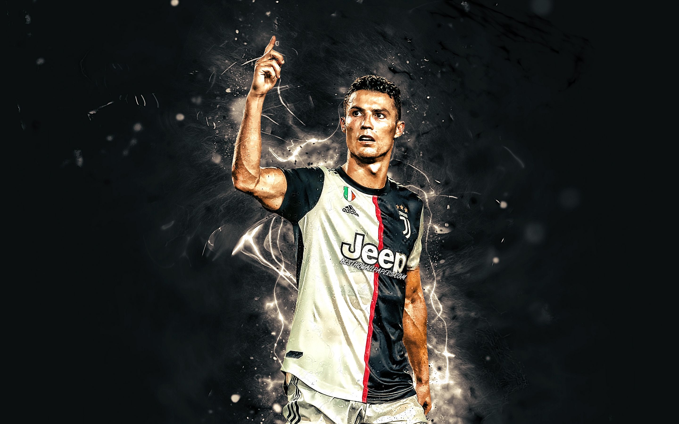 Download wallpaper Cristiano Ronaldo, 2019, Juventus FC, goal, CR7, new uniform, portuguese footballers, Italy, CR7 Juve, Bianconeri, football stars, Serie A, neon lights, soccer for desktop with resolution 2880x1800. High Quality HD