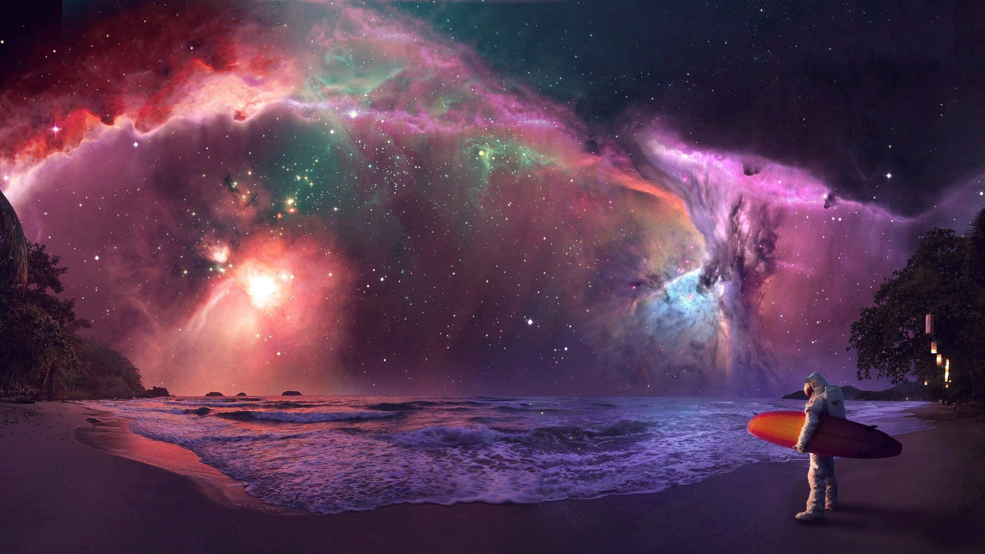 Surfing astronaut under the colorful night sky HD Wallpaper 1920x1080 1396 - Colorful Sky Wallpaper
