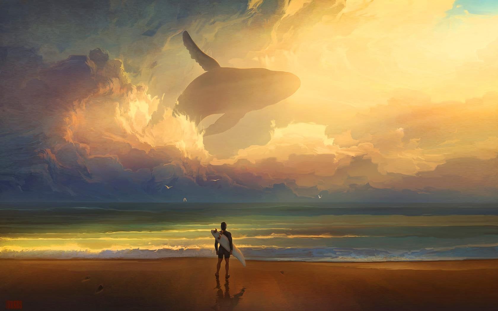 Awesome painting of a surfer looking up to a whale in the sky