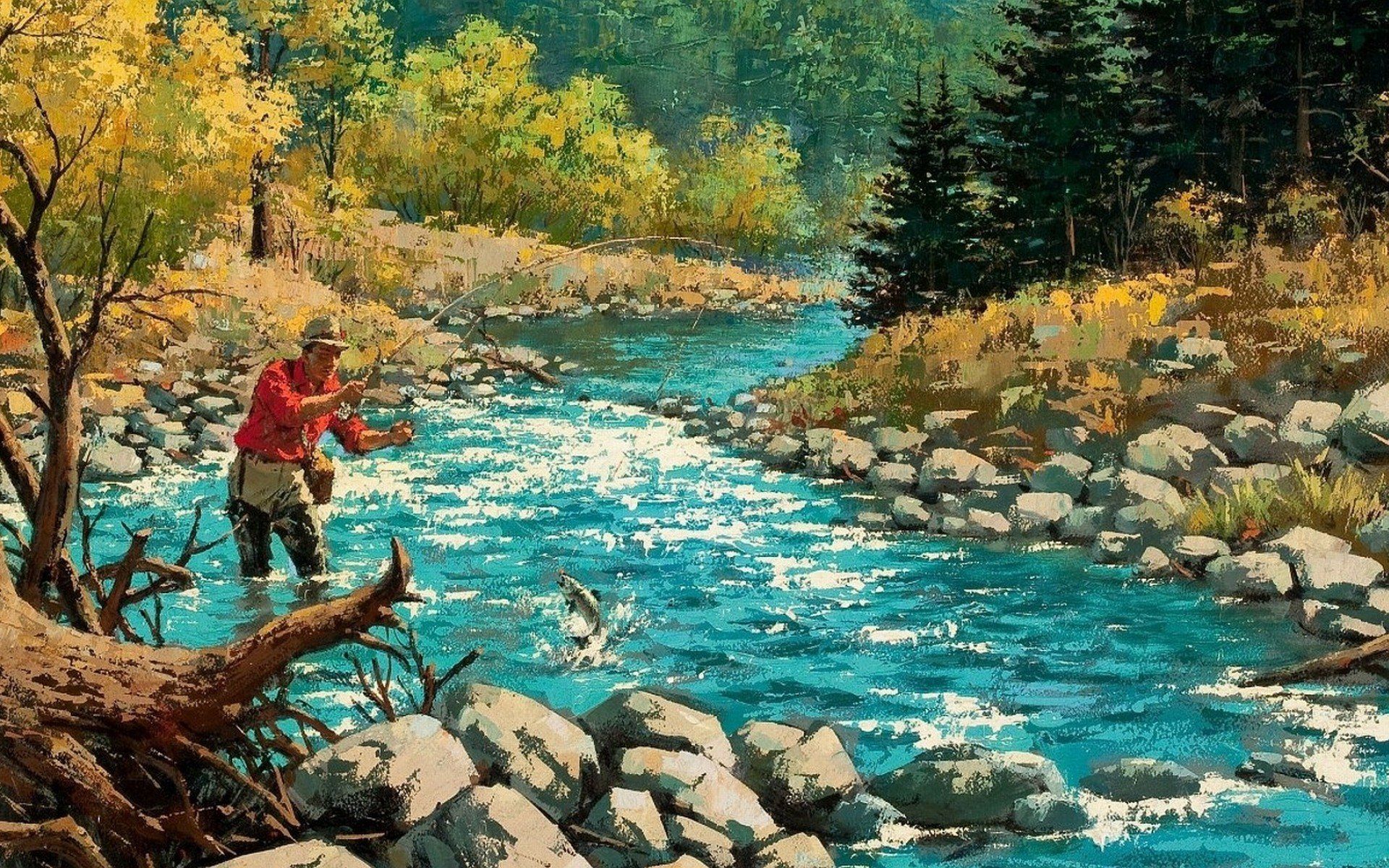 fishing, Fish, Sport, Fishes, River, Autumn, Painting, Artwork Wallpaper HD / Desktop and Mobile Background