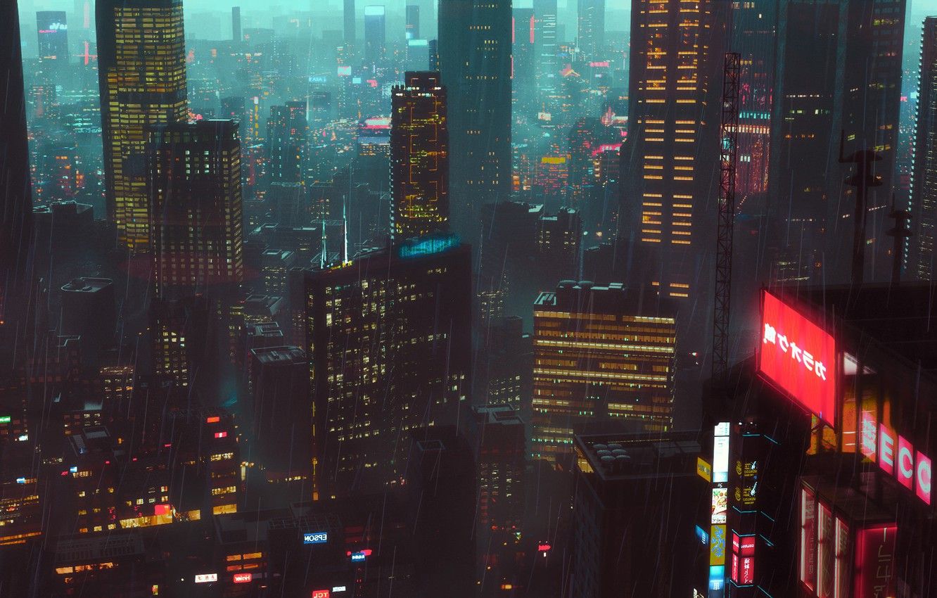 Wallpaper Night, The city, Rain, City, Architecture, Night, Rain, Environment, Science Fiction, Cyberpunk, SciFi, Artem Gainullov, Cyberport, by Artem Gainullov image for desktop, section рендеринг