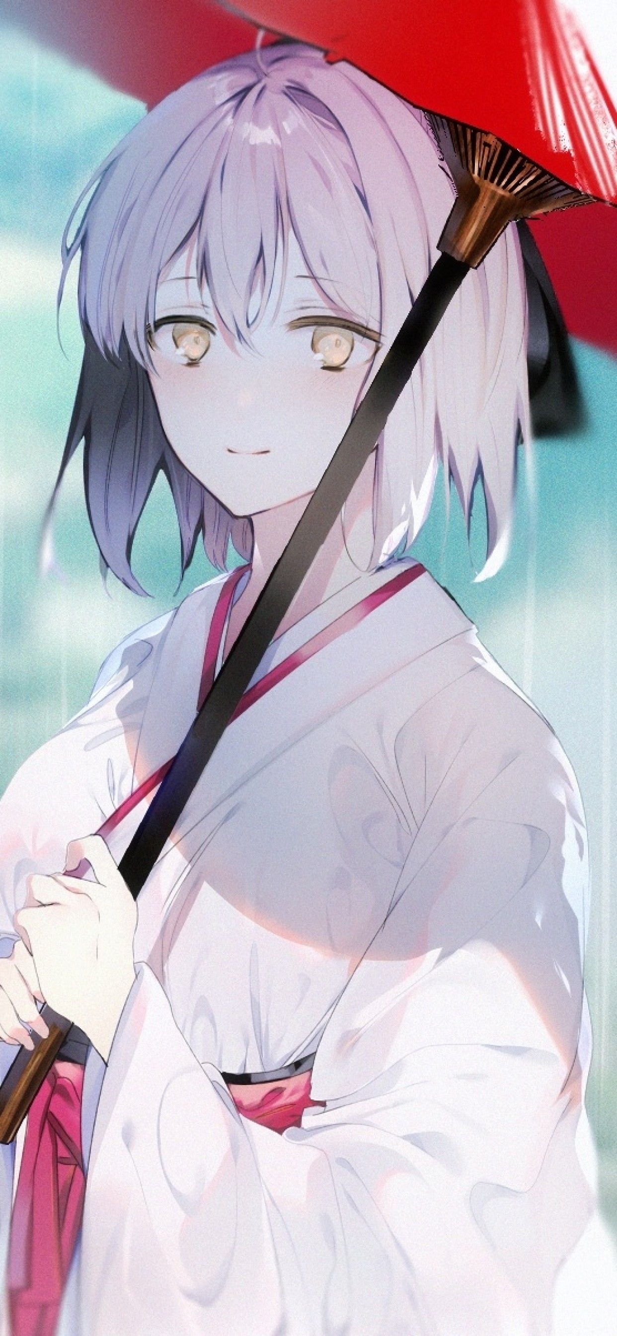 Download 1242x2688 Okita Souji, Fate Grand Order, Raining, Umbrella, Kimono, Short Hair Wallpaper for iPhone XS Max