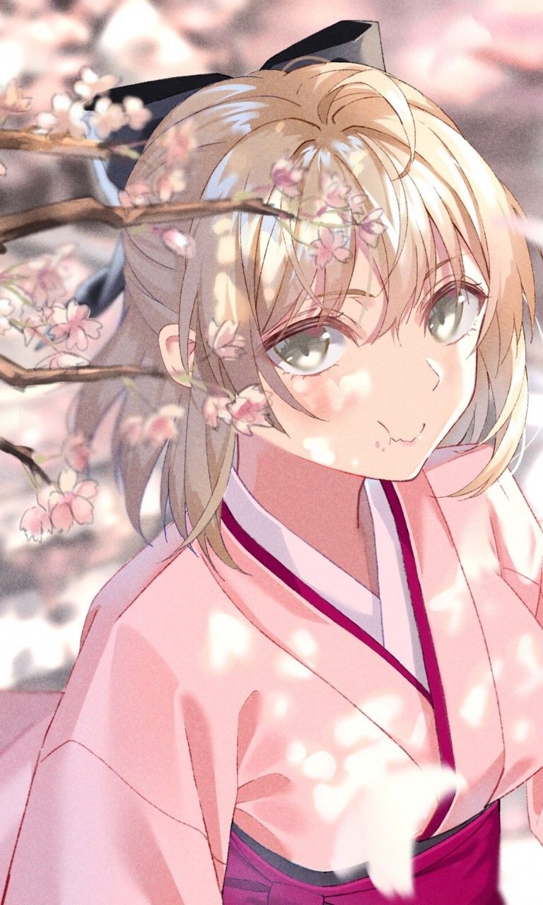Download 768x1280 Okita Souji, Fate Grand Order, Sakura Blossom, Kimono, Petals, Eating Wallpaper for Galaxy SIV, Nokia Lumia 925,1020, Acer Picasso