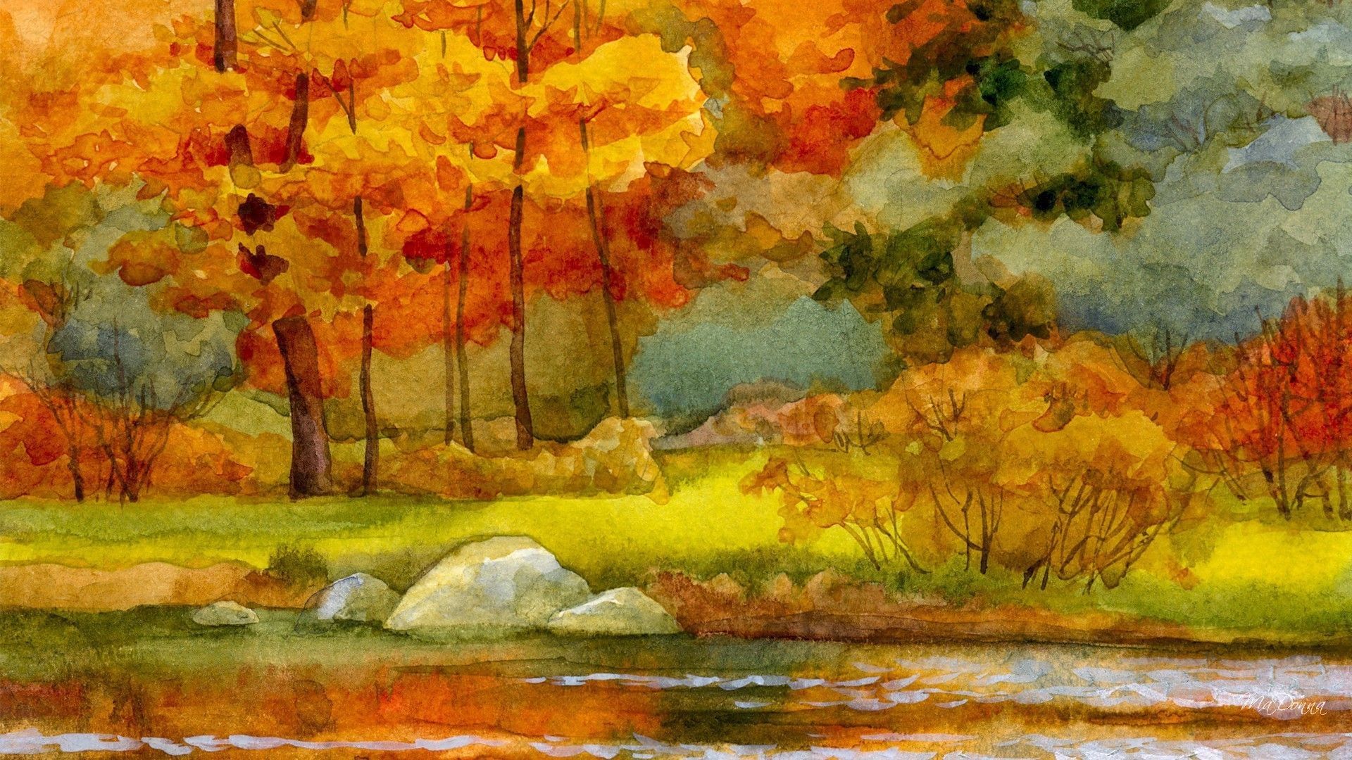 Autumn river watercolor wallpaper. Watercolor desktop wallpaper, Watercolor wallpaper, Autumn trees