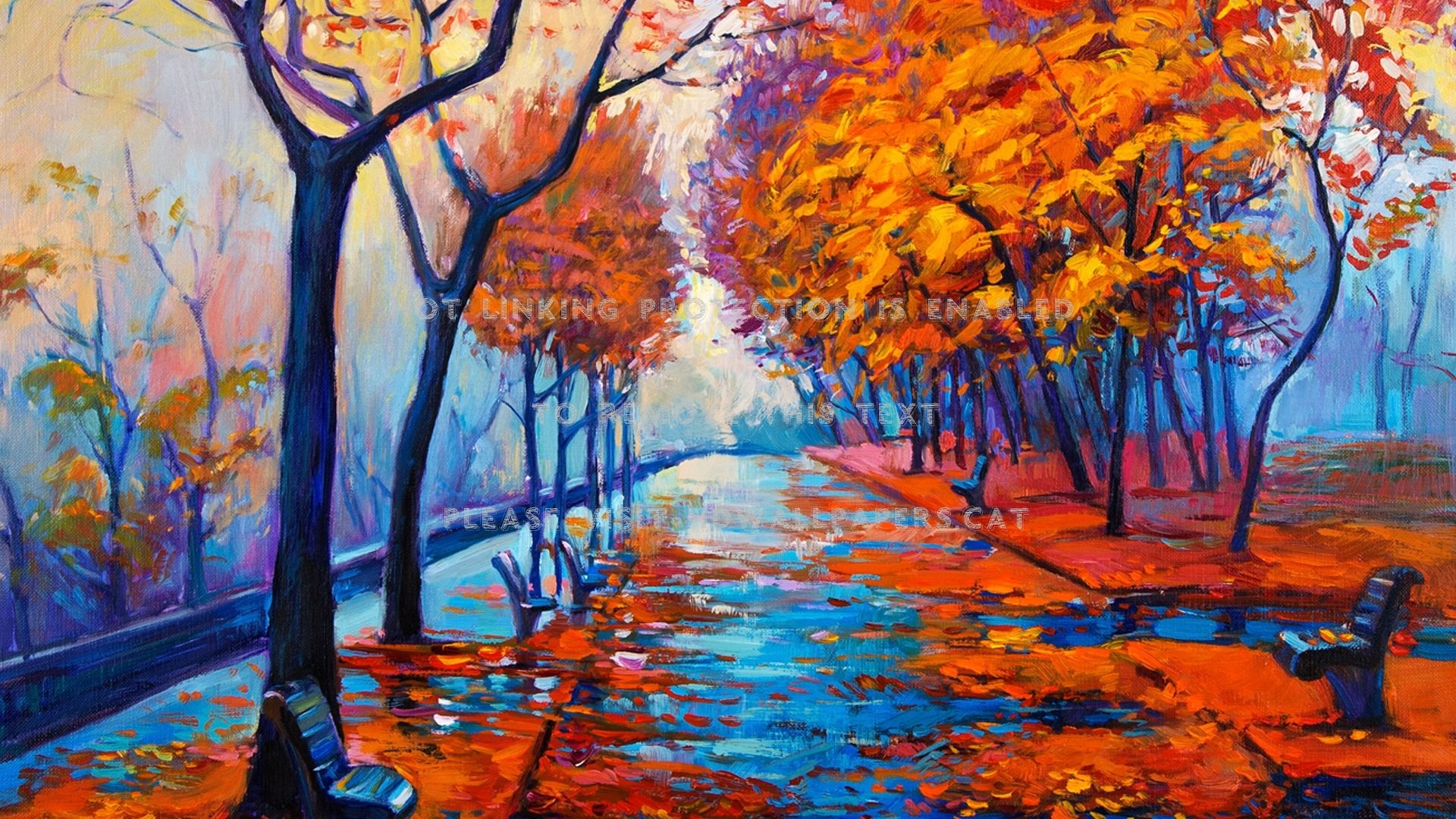 autumn watercolor path fall trees lane rain