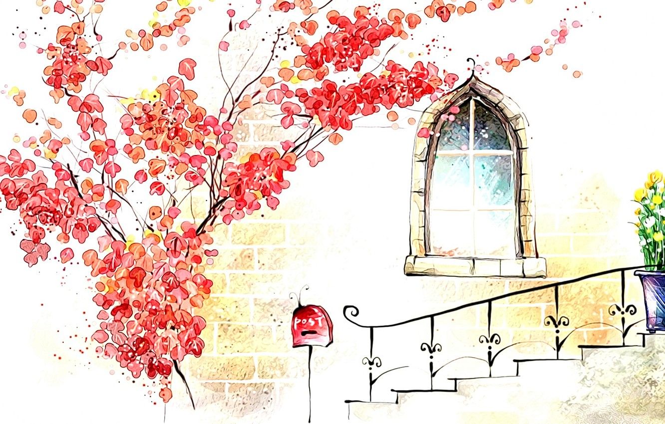Wallpaper autumn, figure, window, art, watercolor, picture, porch, tree image for desktop, section арт