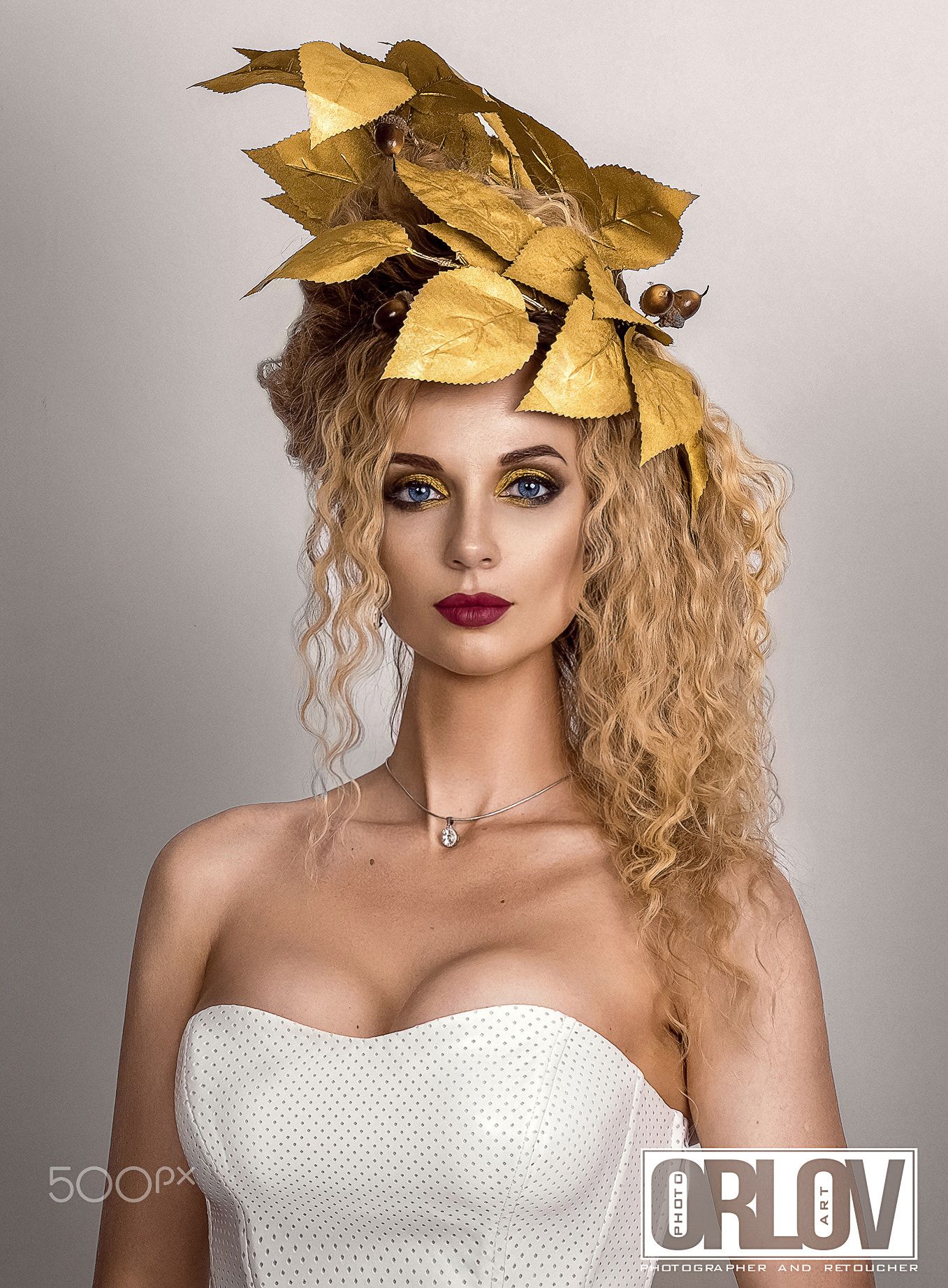 Nikita Orlov Women Leaves Gold Hair Accessories Blonde Long Hair Curly Hair Necklace Jewelry Dress W Wallpaper:1357x1842
