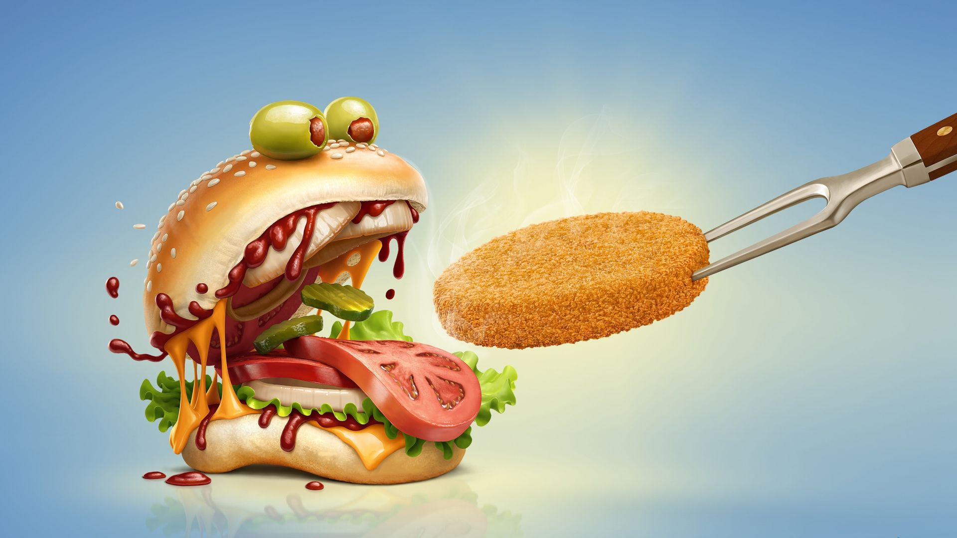 Funny hamburger is fed with a chop Desktop wallpaper 1920x1080