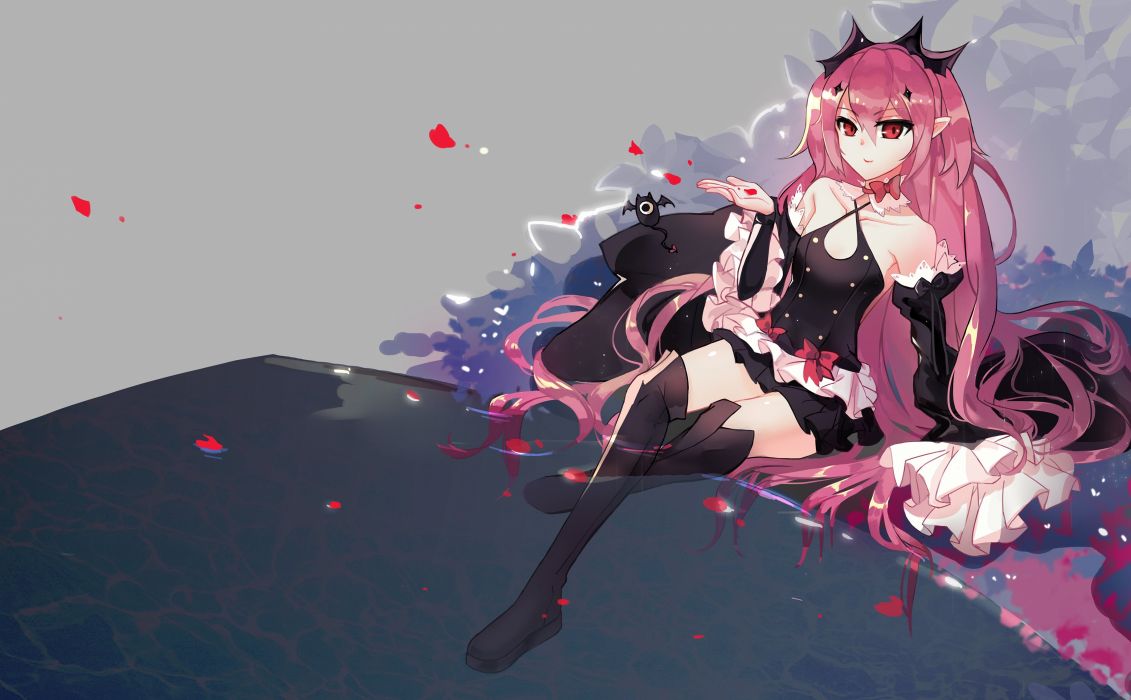 Animal bat collar dress krul tepes long hair owari no seraph petals pink hair pointed ears red eyes thighhighs tiara tsubasa19900920 vampire water wallpaperx2271