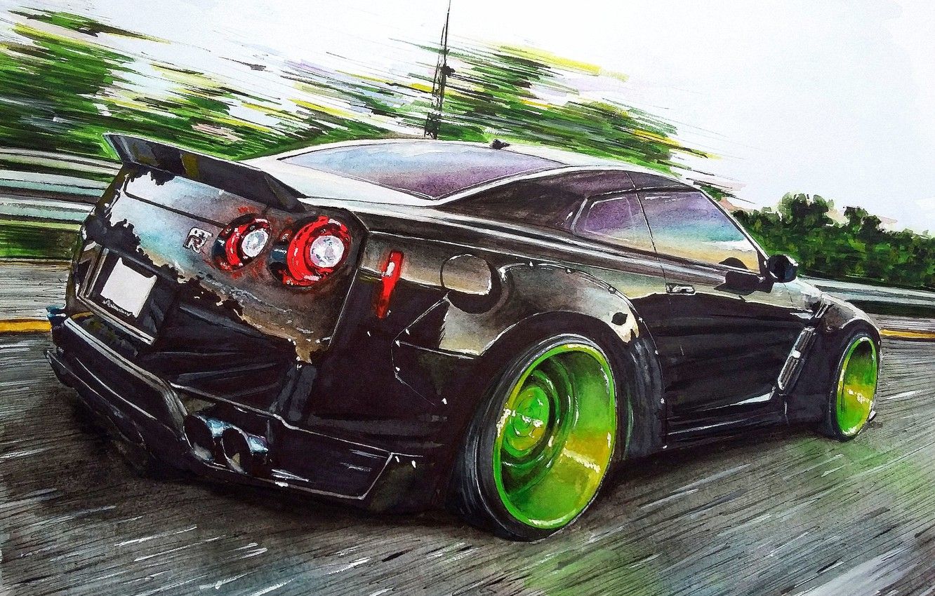 Wallpaper Speed, Nissan, GT R, Drives, Art, Green, Liberty Walk Image For Desktop, Section живопись