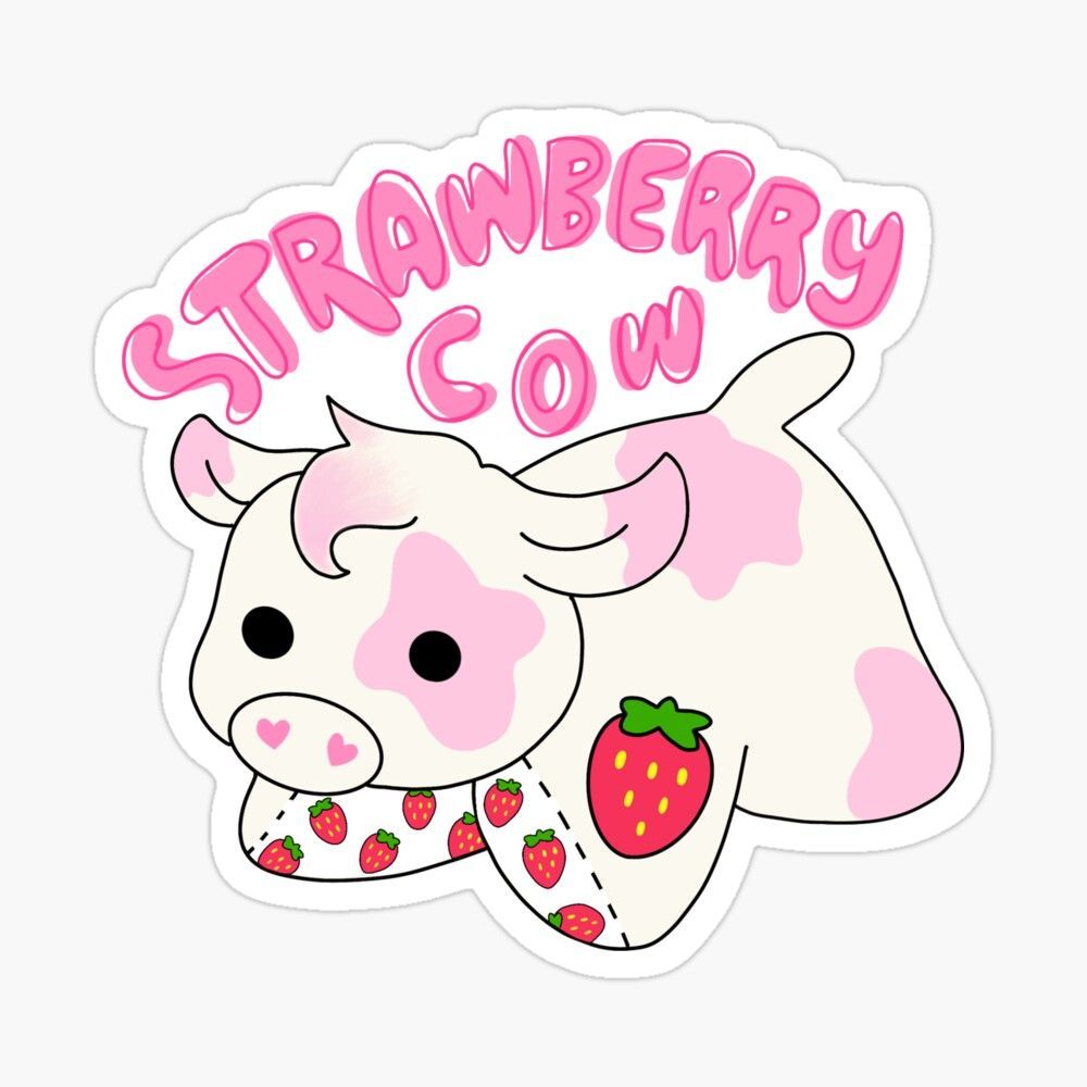 Strawberry Cow ' Glossy Sticker by DeathMochi. Cow drawing, Print stickers, Cartoon cow