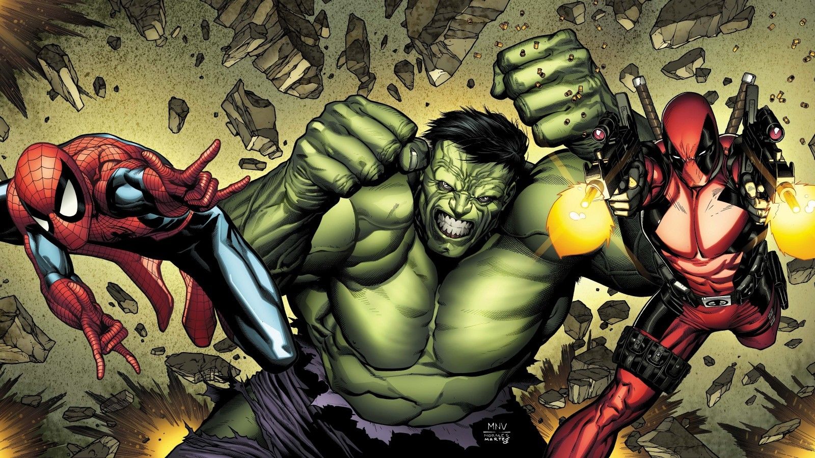 Download 1600x900 Hulk, Spider Man, Deadpool, Comics, Artwork, Marvel Wallpaper