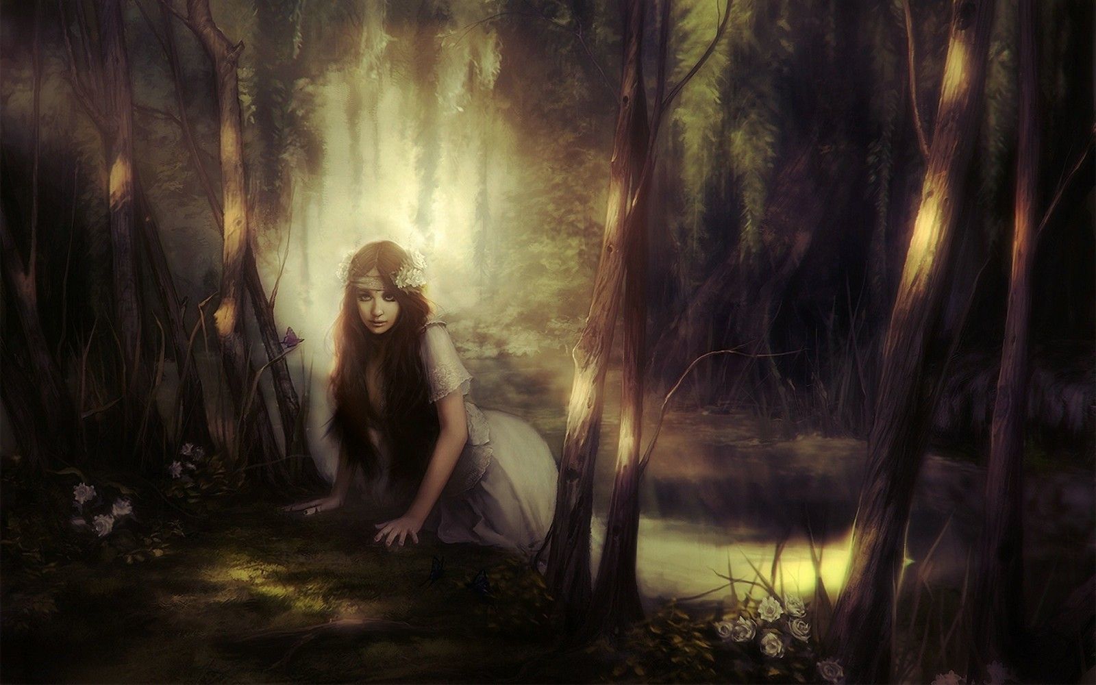sunlight, trees, forest, digital art, women, nature, brunette, artwork, river, jungle, mythology, midnight, darkness, screenshot, habitat, natural environment, computer wallpaper, fictional character. Mocah.org HD Wallpaper
