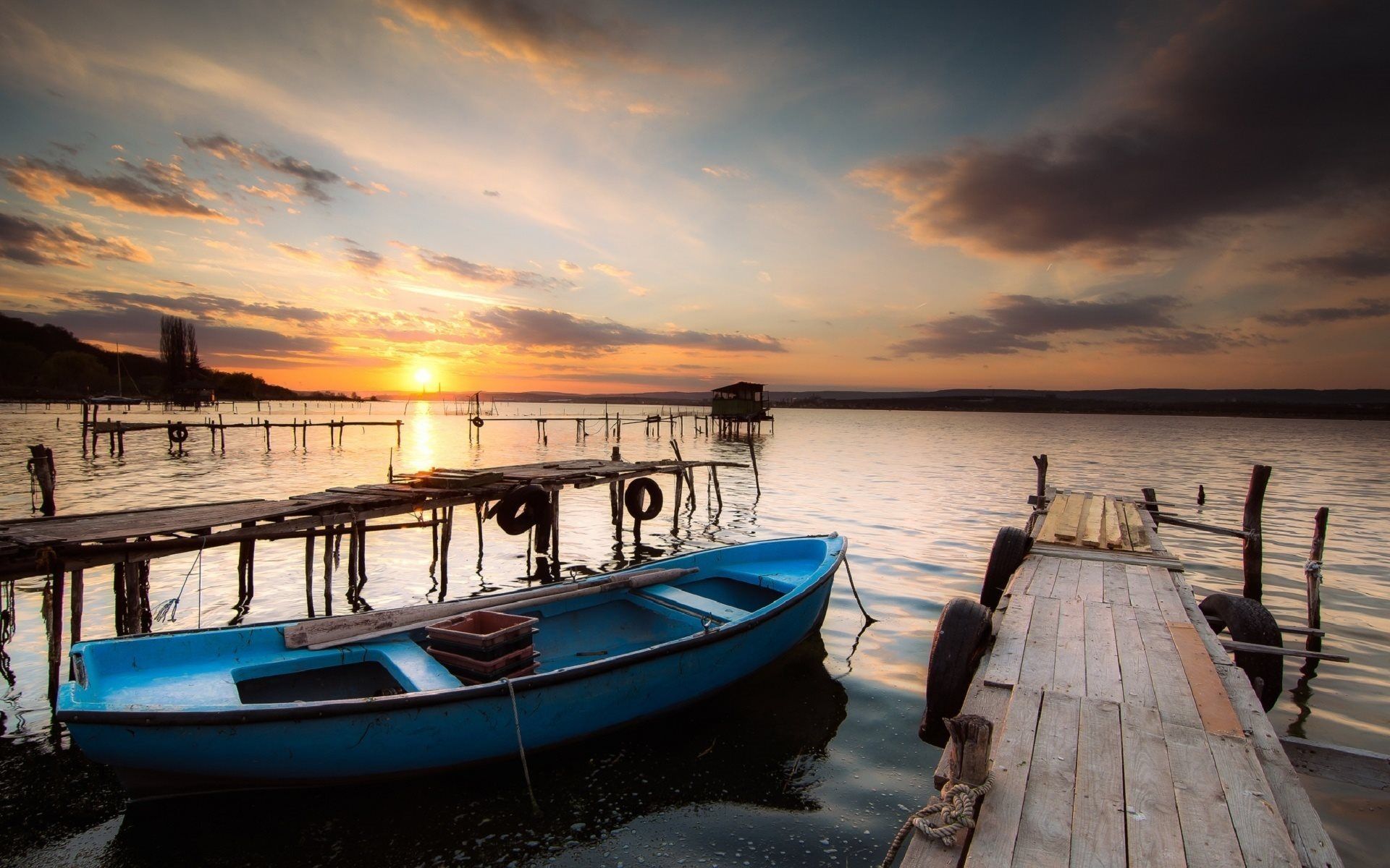 Download wallpaper Lake Varna, sunset, pier, boat, Bulgaria for desktop with resolution 1920x1200. High Quality HD picture wallpaper