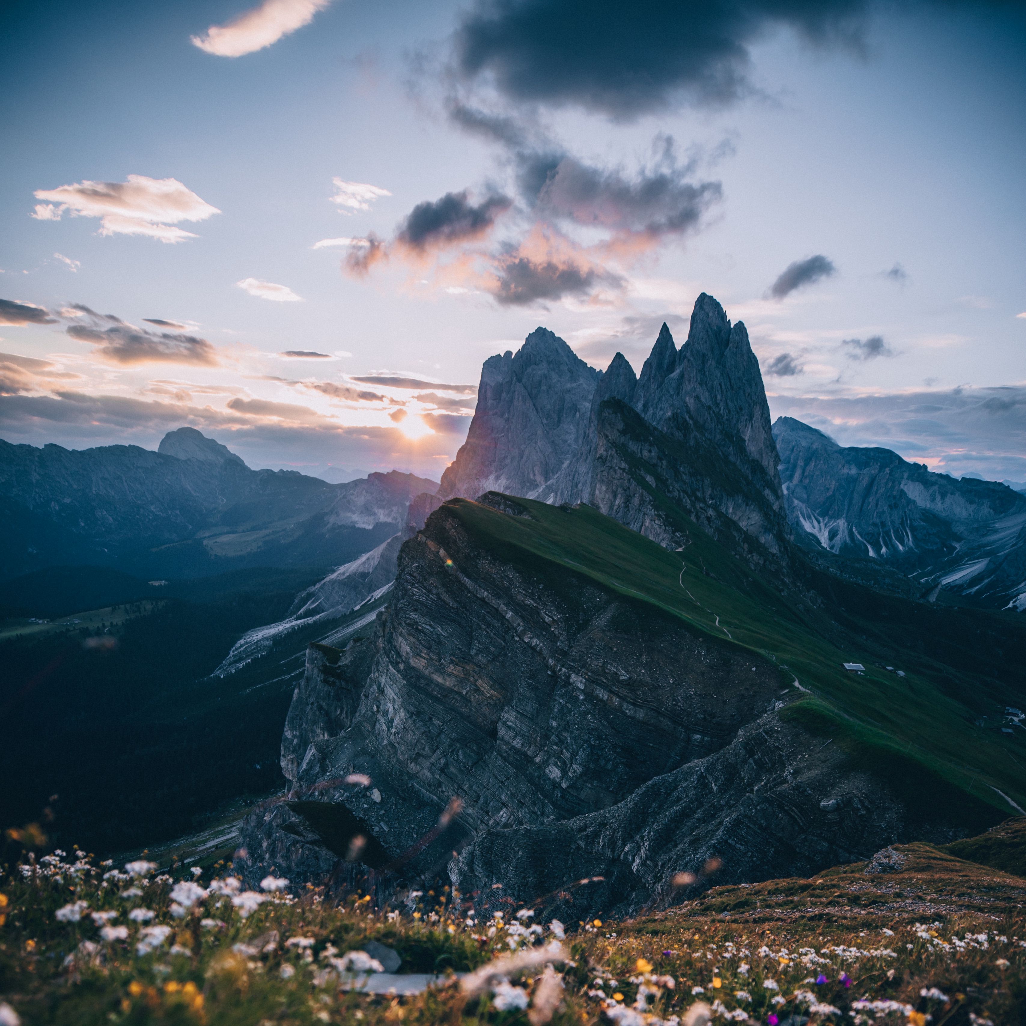 Download wallpaper 3415x3415 mountains, alps, peaks, lawn, sky, landscape ipad pro 12.9 retina for parallax HD background