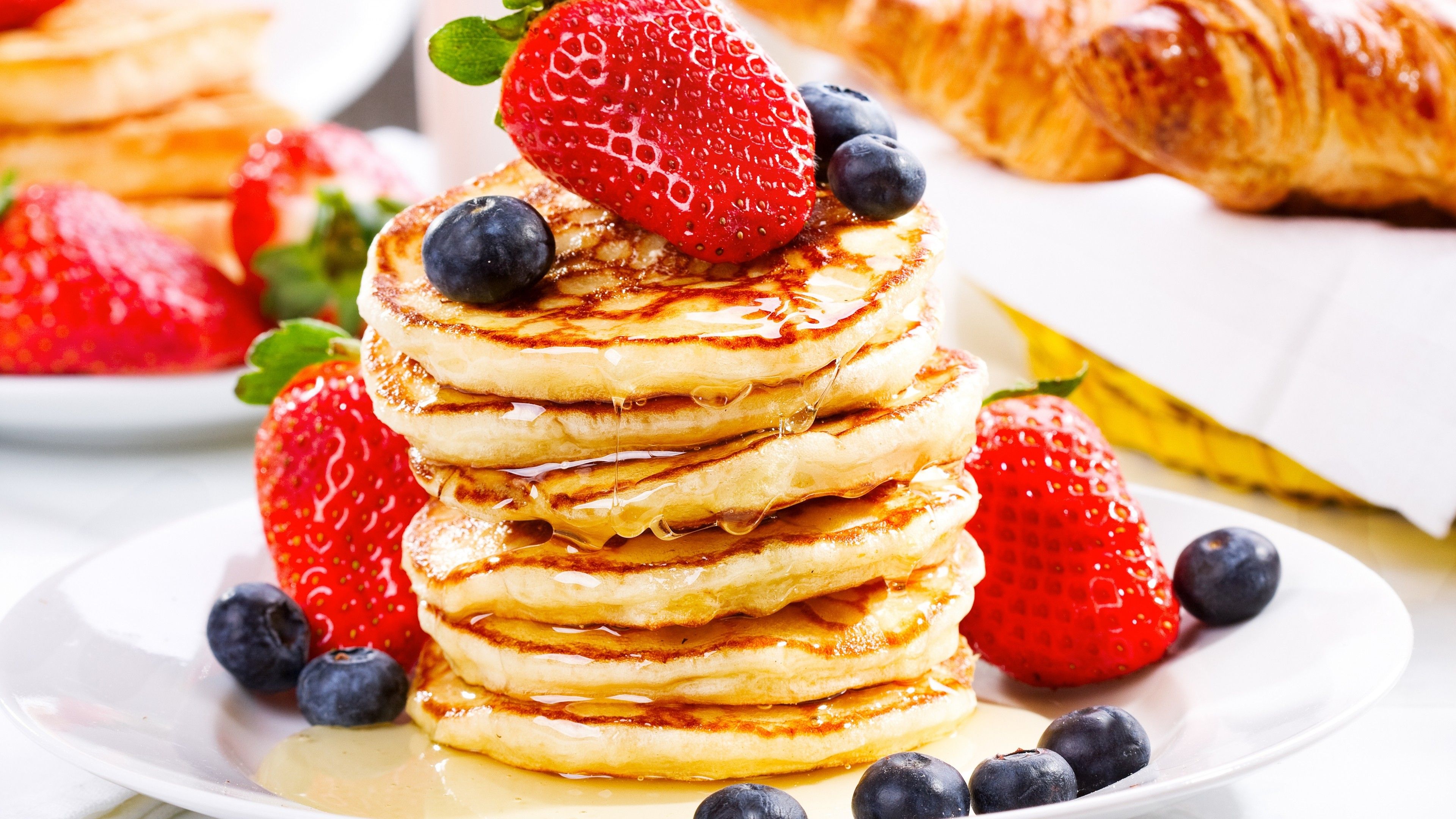 Wallpaper American pancakes, fruit, strawberry, blueberry, honey, Food