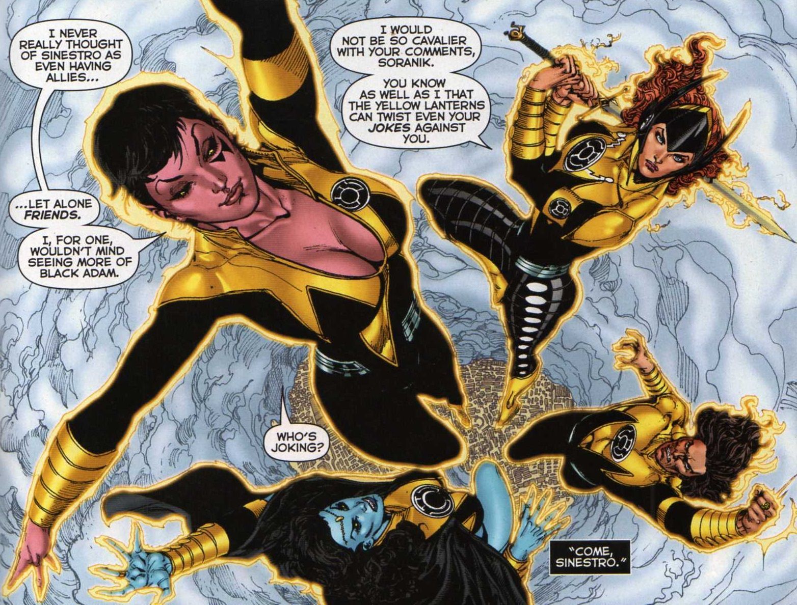 Sinestro Corps Members Soranik Natu, Lyssa Drak, Bekka, & Rigen in Sinestro # 16 by Brad Walker,. Yellow lantern, Green lantern corps, Female dc characters