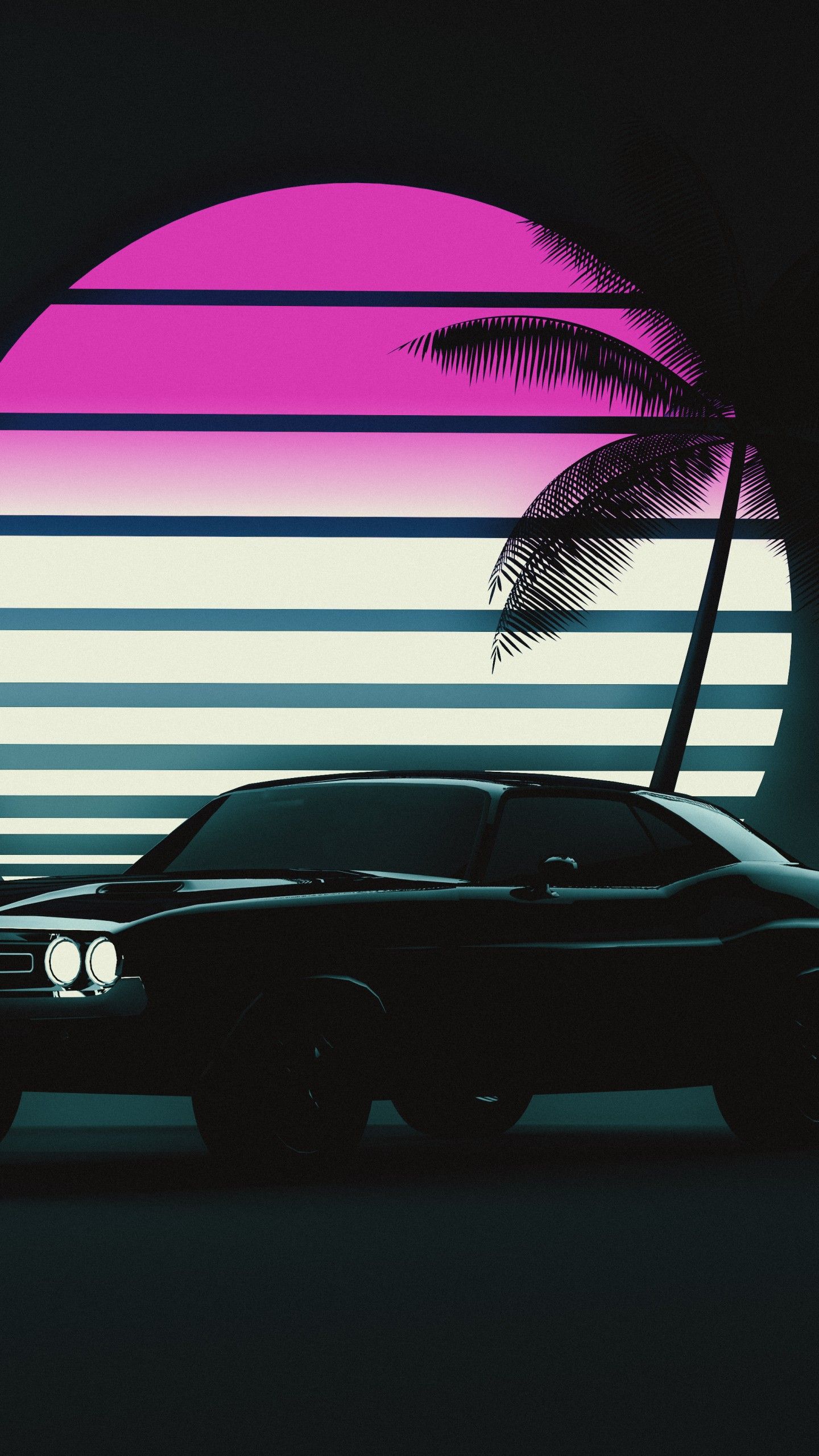 Muscle car Wallpaper 4K, Retro, Vintage car, Sunset, Neon