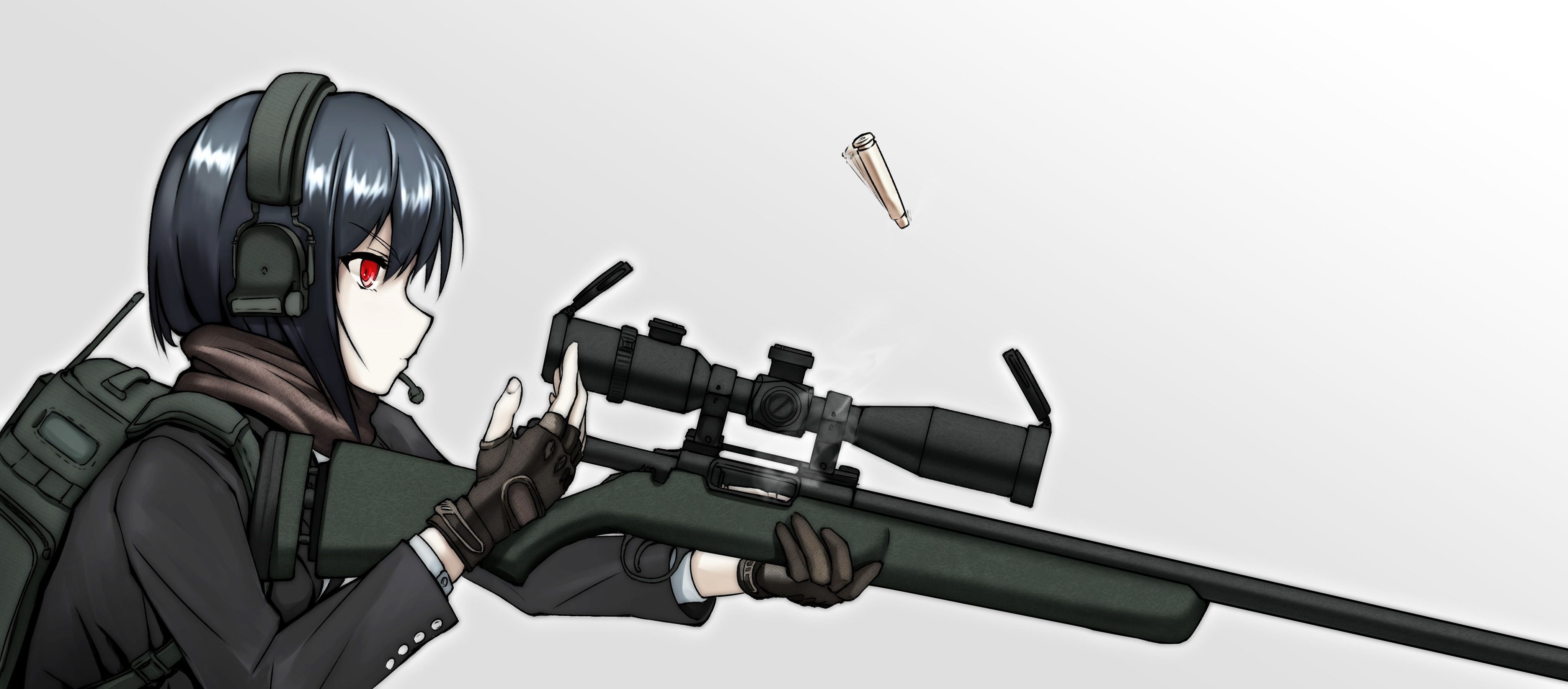 Download 4096x1800 Anime Girl, Sniper, Headphones, Profile View, Microphone, Soldier Wallpaper