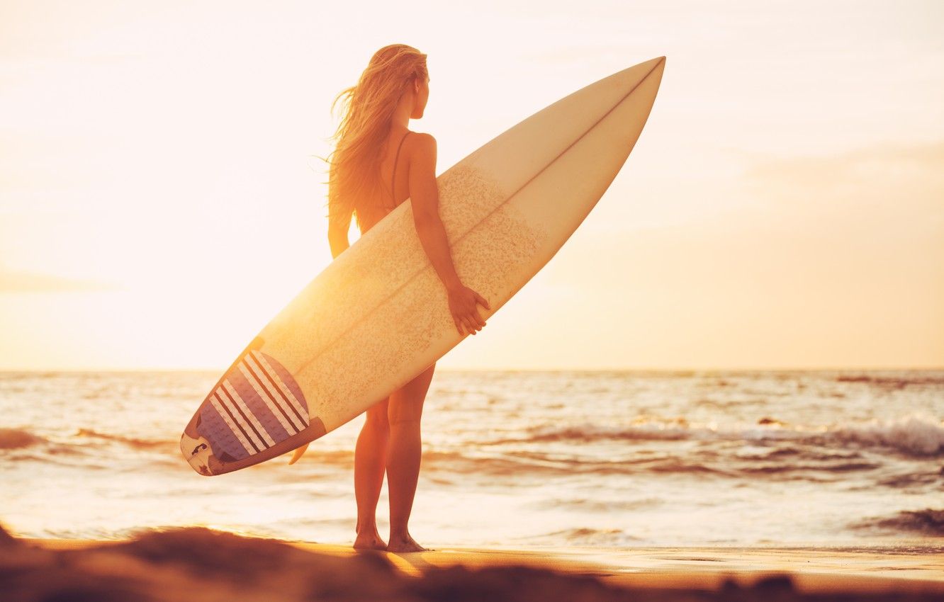 Wallpaper Girl, Beach, Sunset, Surfing, Surfboard image for desktop, section спорт