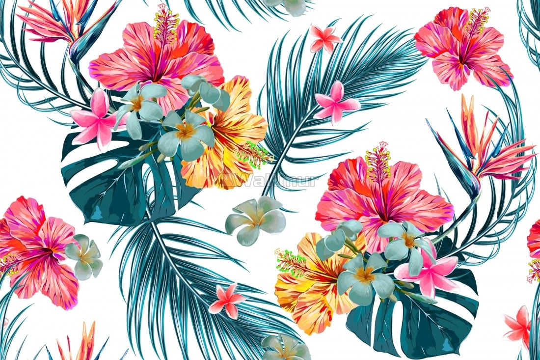 Pink Mirabilis Flowers and Tropical Leaves Wallpaper • Wallmur®