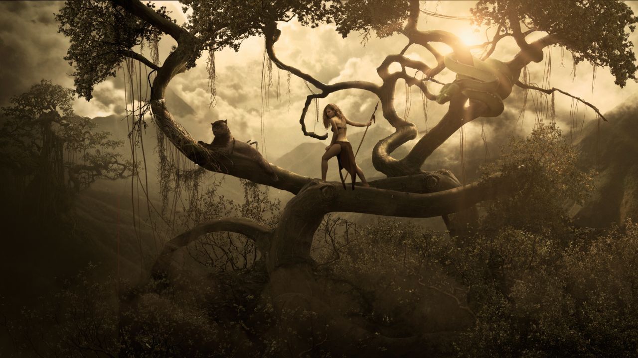 Wallpaper Jungle, Girl, Black Panther, Big snake, 4K, Fantasy / Most Popular,. Wallpaper for iPhone, Android, Mobile and Desktop