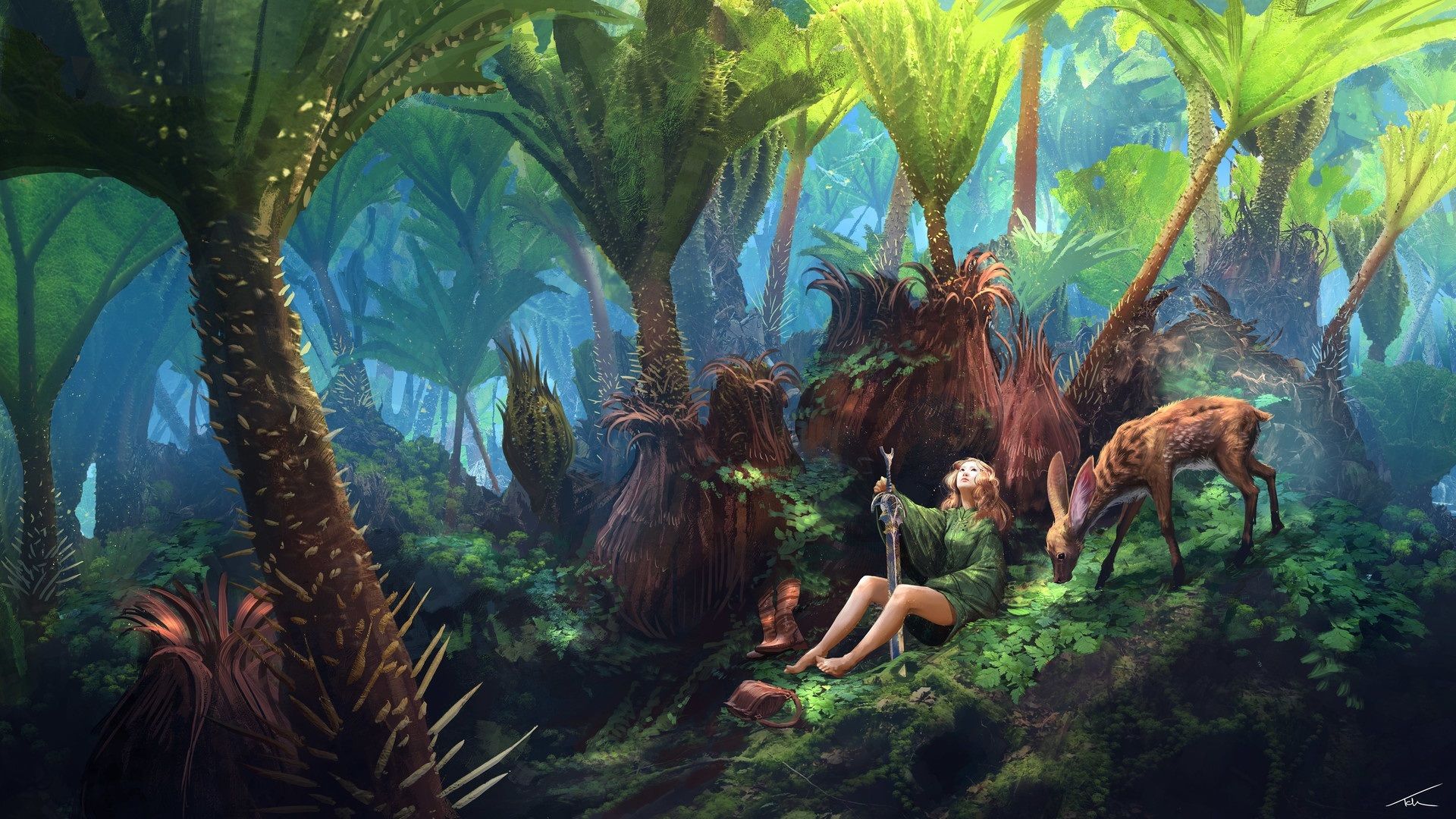 Wallpaper Fantasy art, girl, sword, deer, forest, green, painting 1920x1080 Full HD 2K Picture, Image