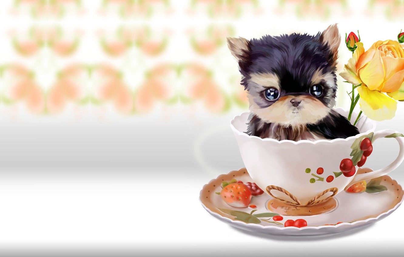 Wallpaper flower, rose, baby, art, mug, dog, children's, lorri kajenn the image for desktop, section живопись