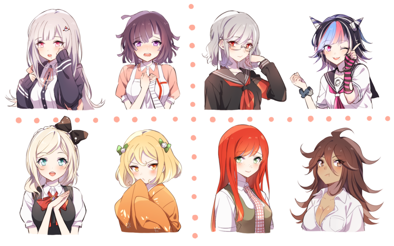 nanami chiaki, tsumiki mikan, mioda ibuki, sonia nevermind, koizumi mahiru, and 3 more (danganronpa and 1 more) drawn by mery_(yangmalgage)