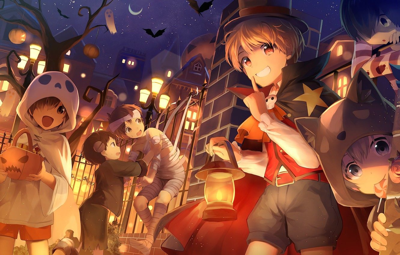 Wallpaper night, children, anime, art, costumes, Halloween image for desktop, section арт