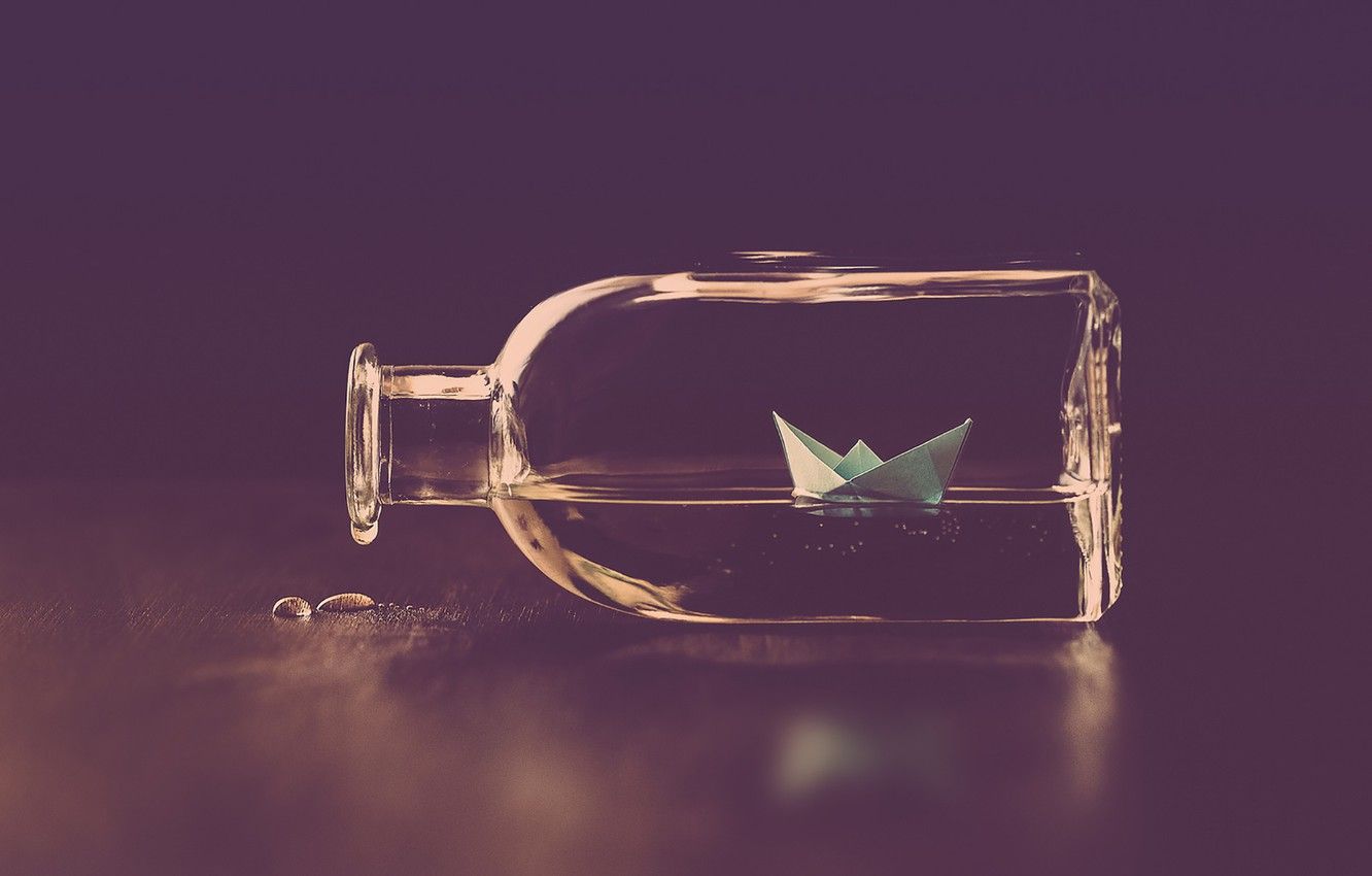Wallpaper water, drops, bottle, paper boat image for desktop, section разное