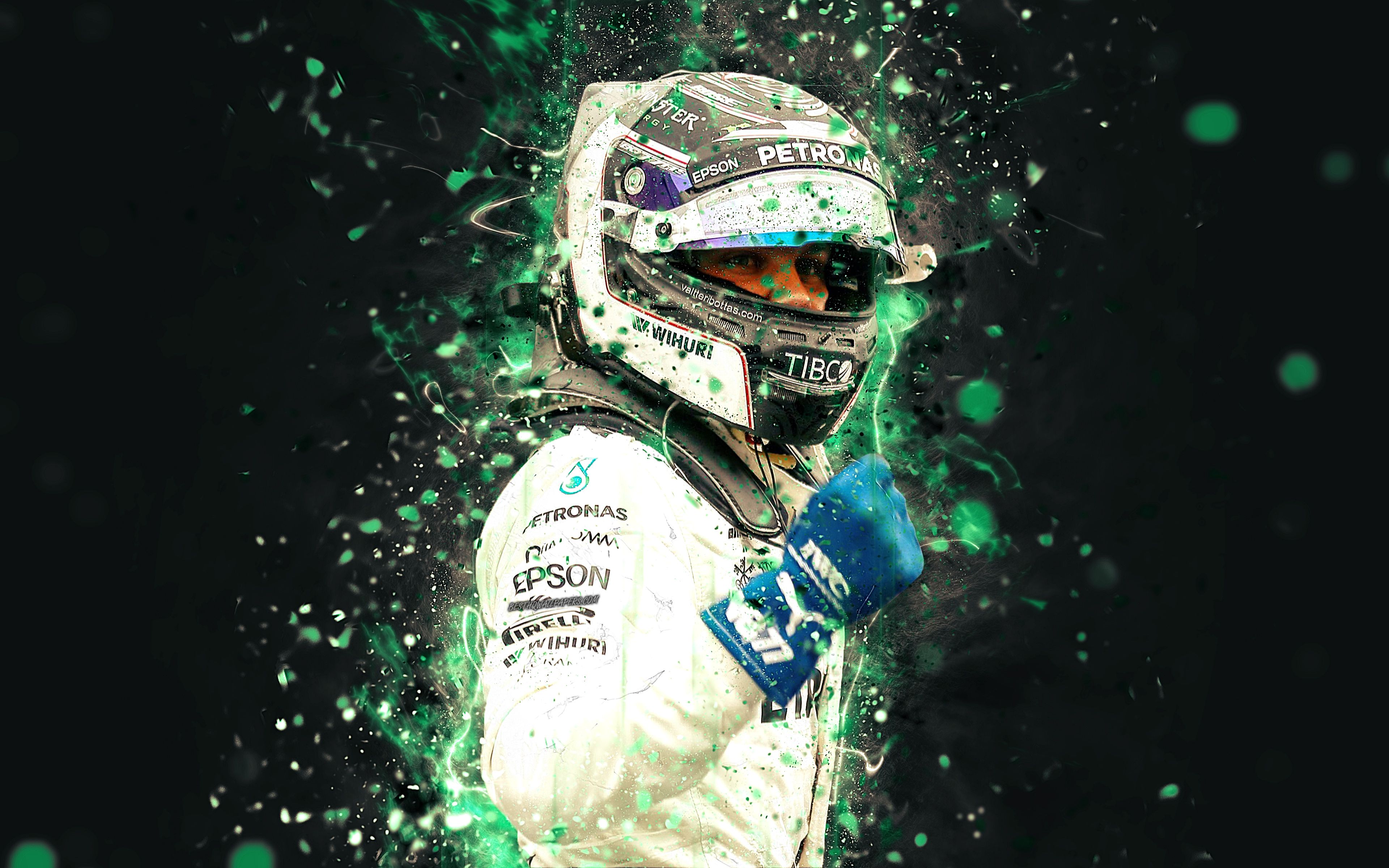 Download wallpaper 4k, Valtteri Bottas, abstract art, Formula 1, F1, Mercedes F1 2018, Mercedes AMG Petronas, Bottas, neon lights, Formula One, Mercedes F1 for desktop with resolution 3840x2400. High Quality HD picture wallpaper