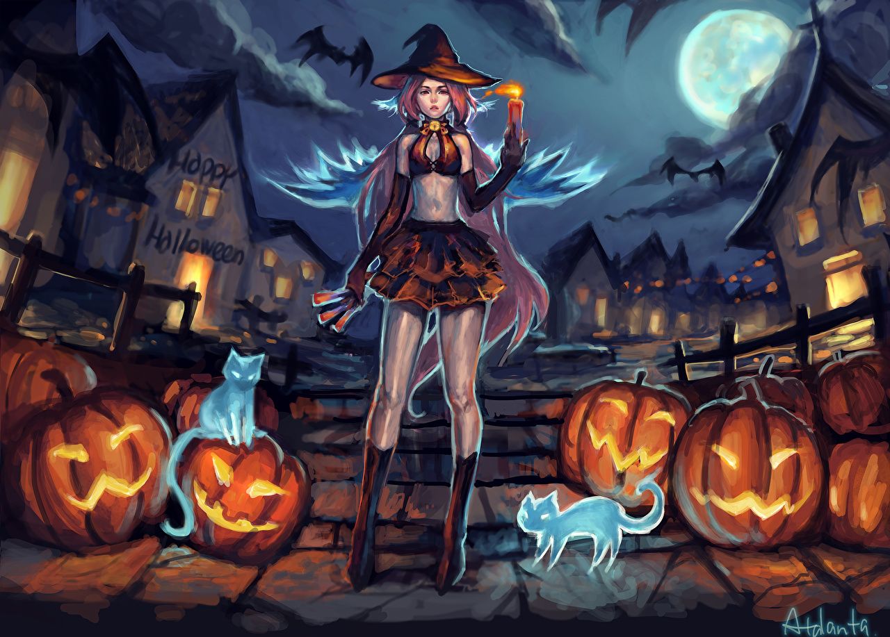Wallpaper Anime female Pumpkin Halloween Holidays Painting Art