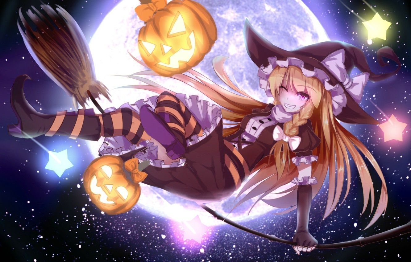Wallpaper the sky, girl, stars, holiday, the moon, hat, anime, art, pumpkin, halloween, touhou, wink, kirisame marisa image for desktop, section прочее