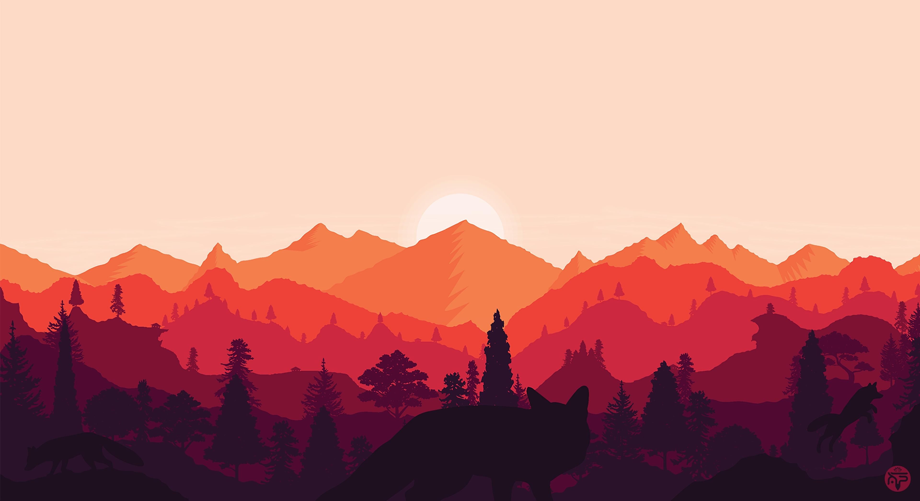 wallpaper mountains, sunset, landscape, fox, art, vector HD, Widescreen, High Definition