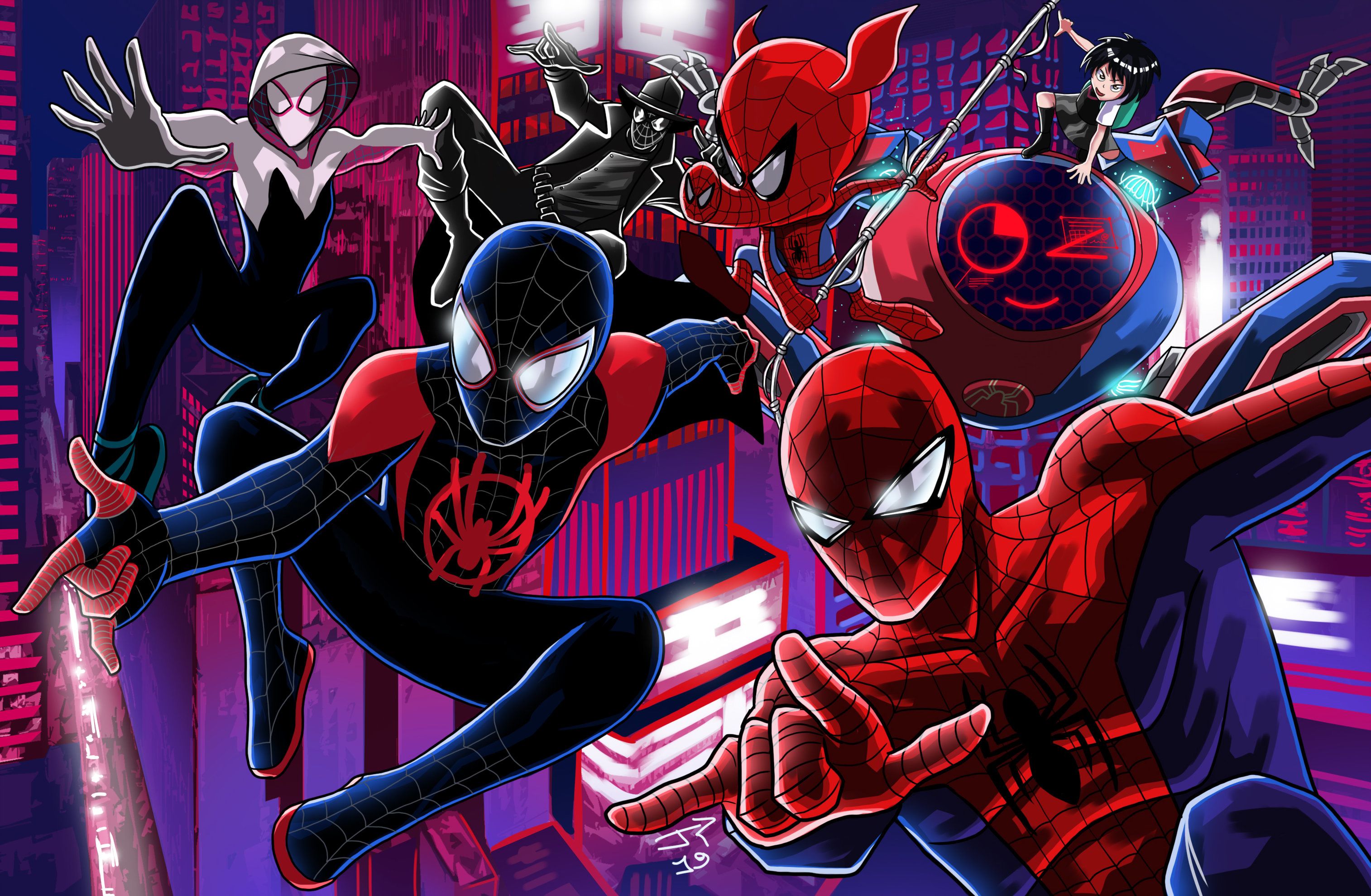 Miles Morales, Spider Ham, Peni Parker, Spider Man, Spider Man Noir, Spider Man: Into The Spider Verse Wallpaper. Mocah HD Wallpaper