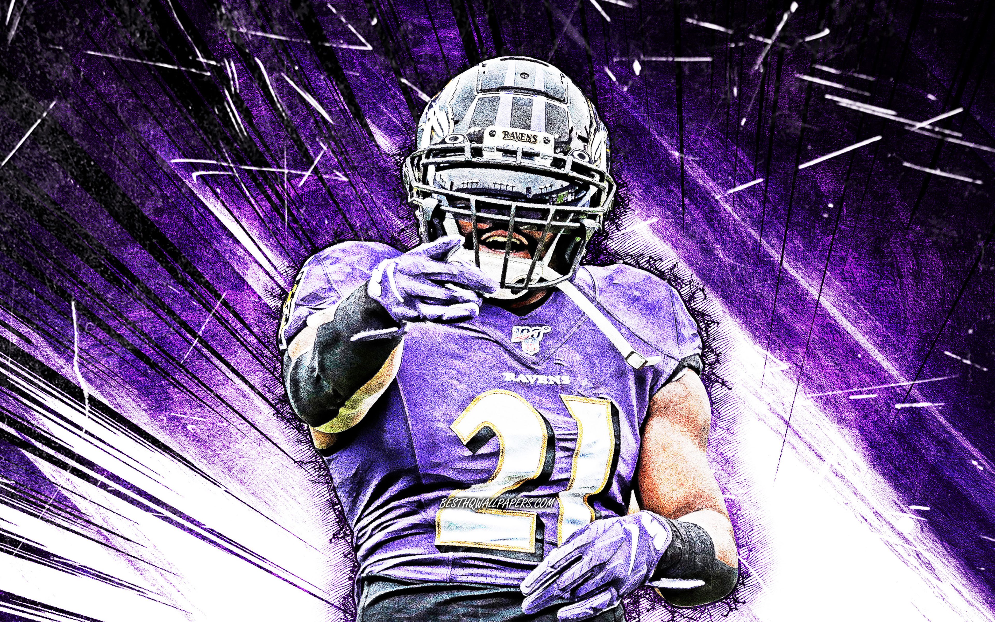 Download wallpaper 4k, Mark Ingram Jr, grunge art, Baltimore Ravens, american football, NFL, running back, Mark Valentino Ingram Jr, National Football League, vilolet abstract rays, Mark Ingram Jr Baltimore Ravens, Mark Ingram