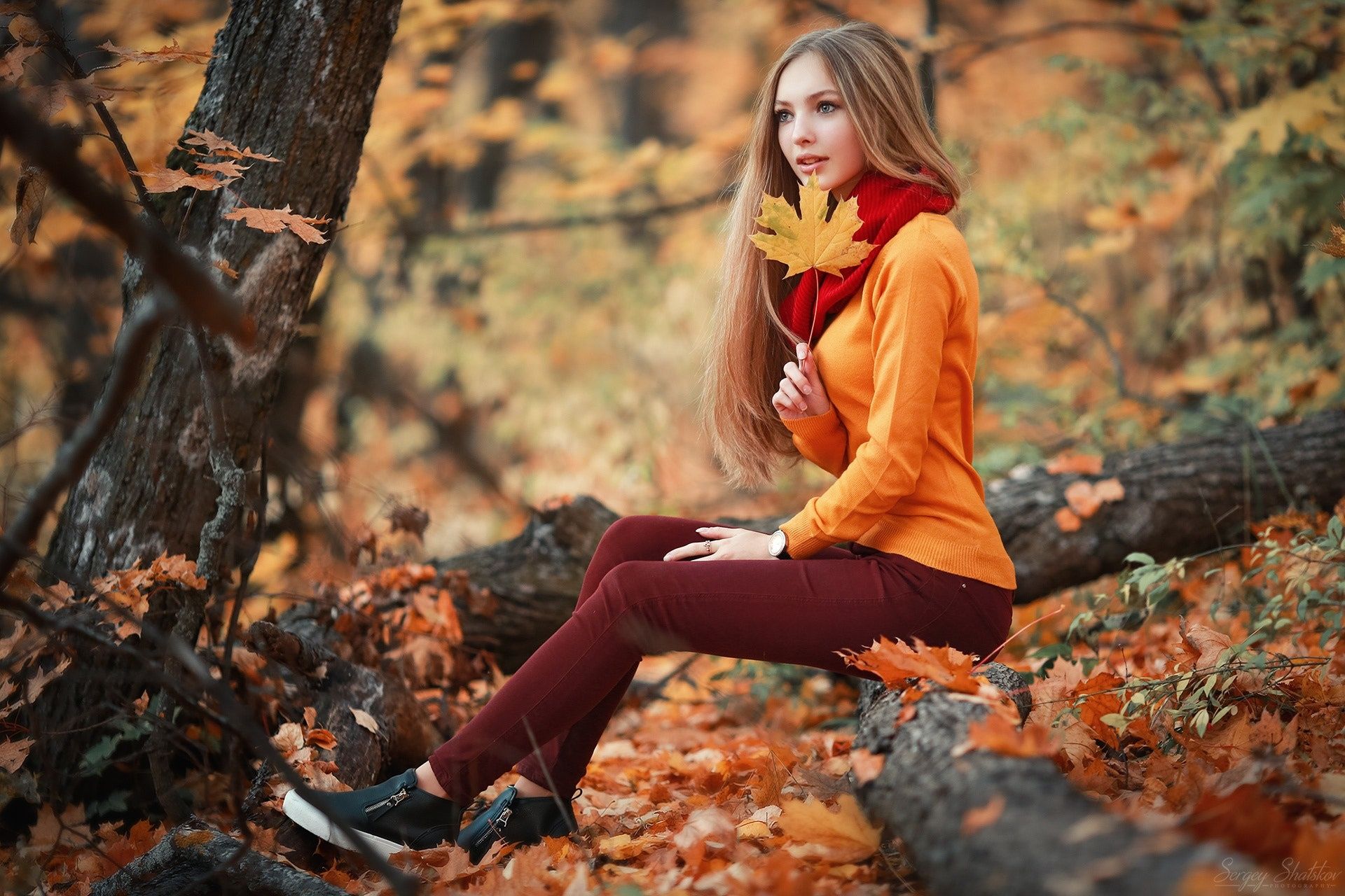 #model, #scarf, #fall, #leaves, #women, #forest, #blonde, wallpaper. Mocah.org HD Desktop Wallpaper